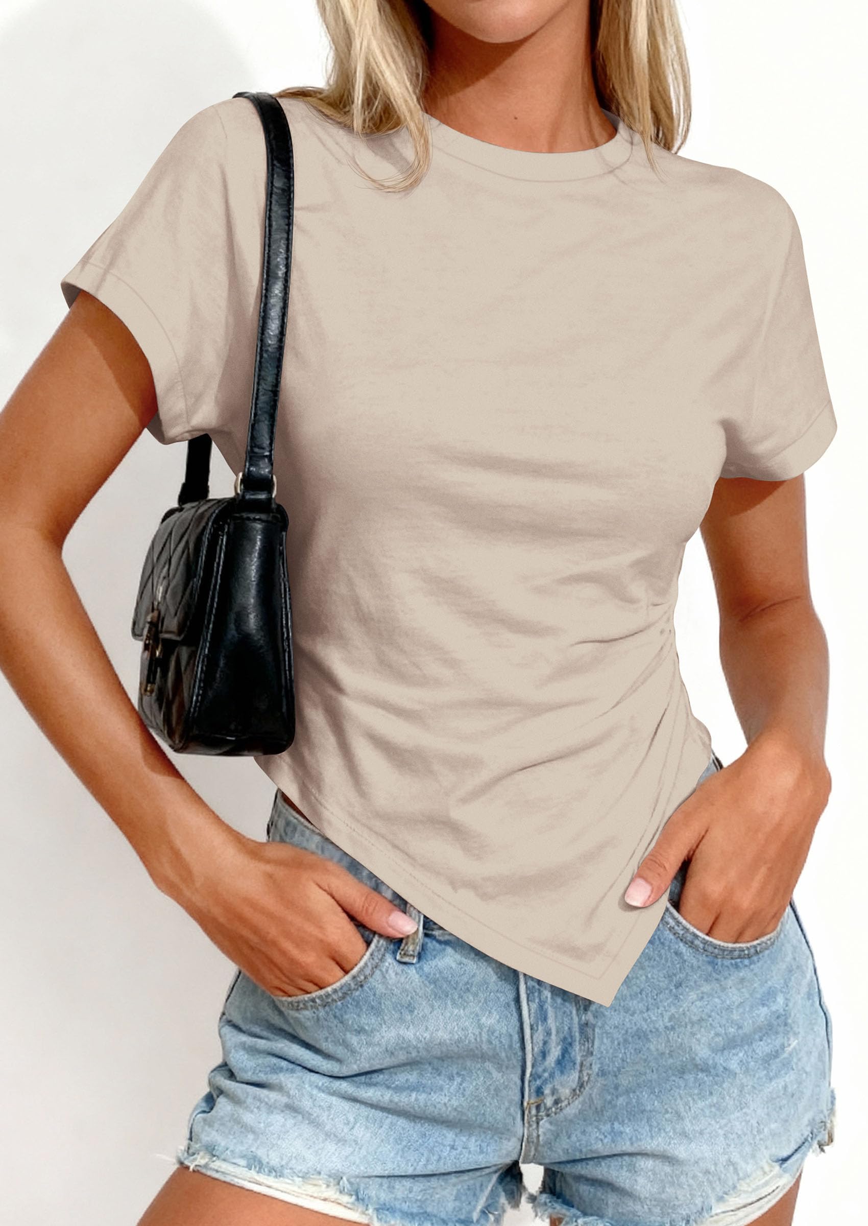 Womens Asymmetrical Summer Short Sleeve Tops,Light Khaki,XS