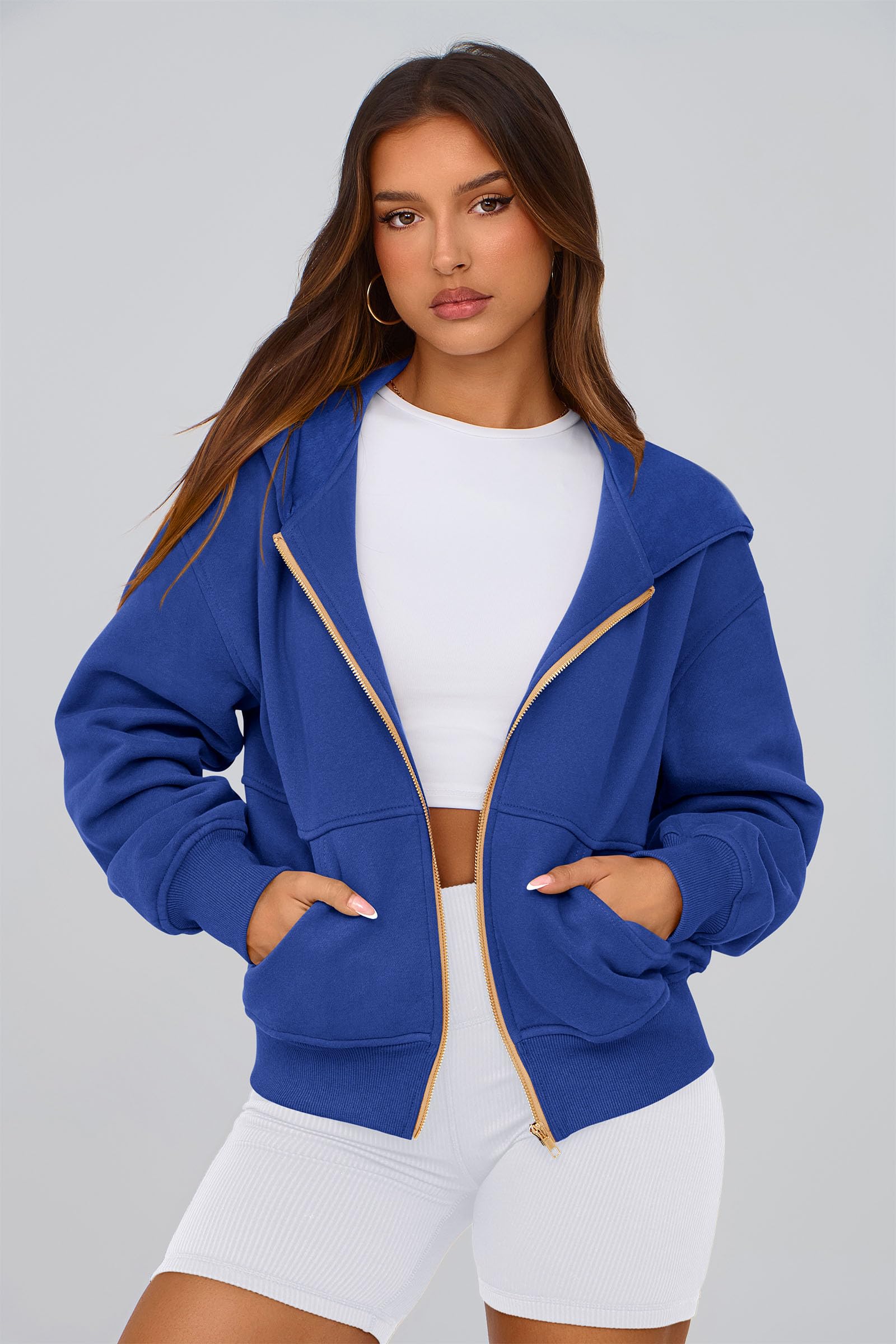 Hoodies for Women Fall Fashion Zip Up Fleece Plain Sweatshirt
