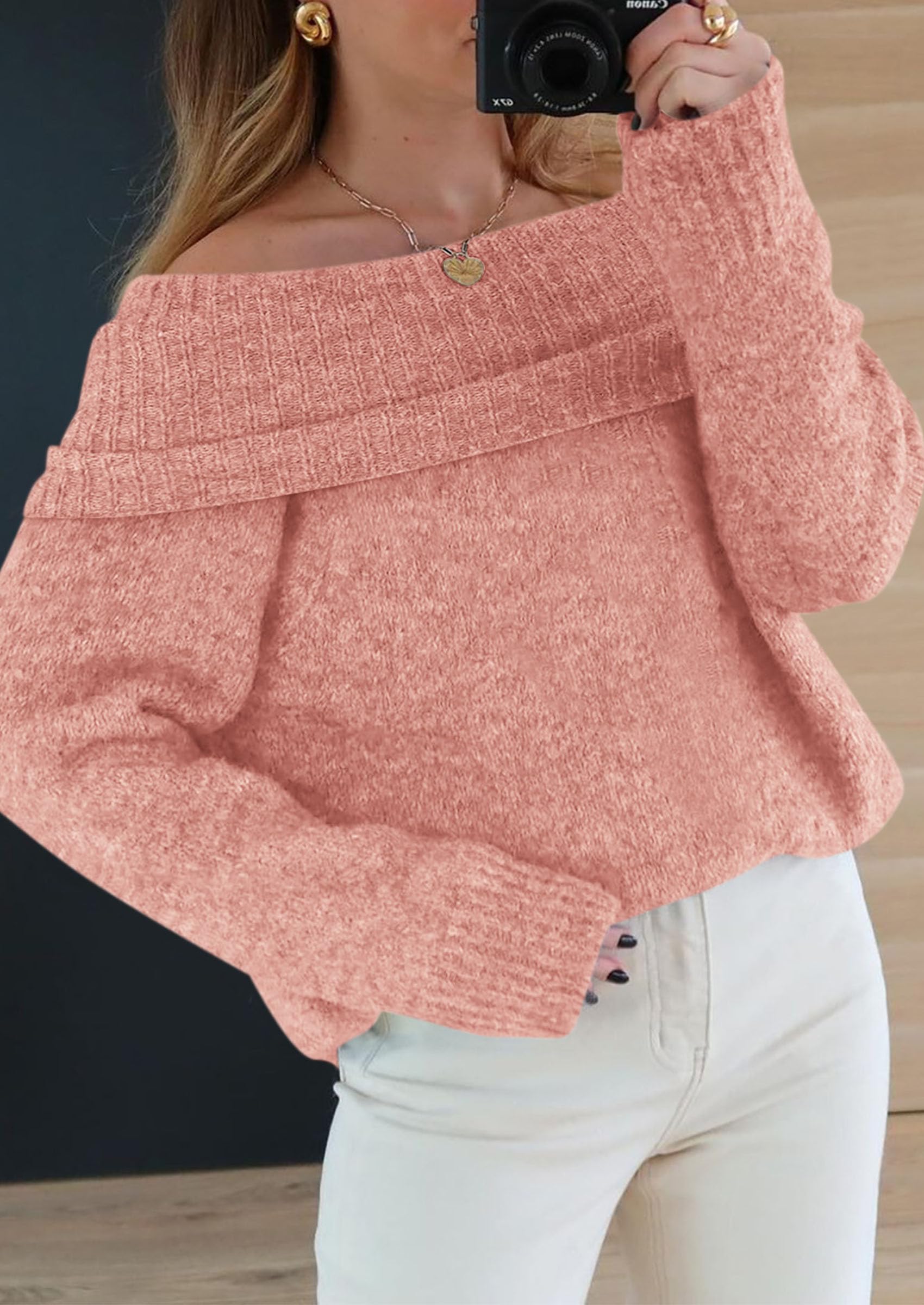 Women's Fall Off The Shoulder Sweater,Pink,S