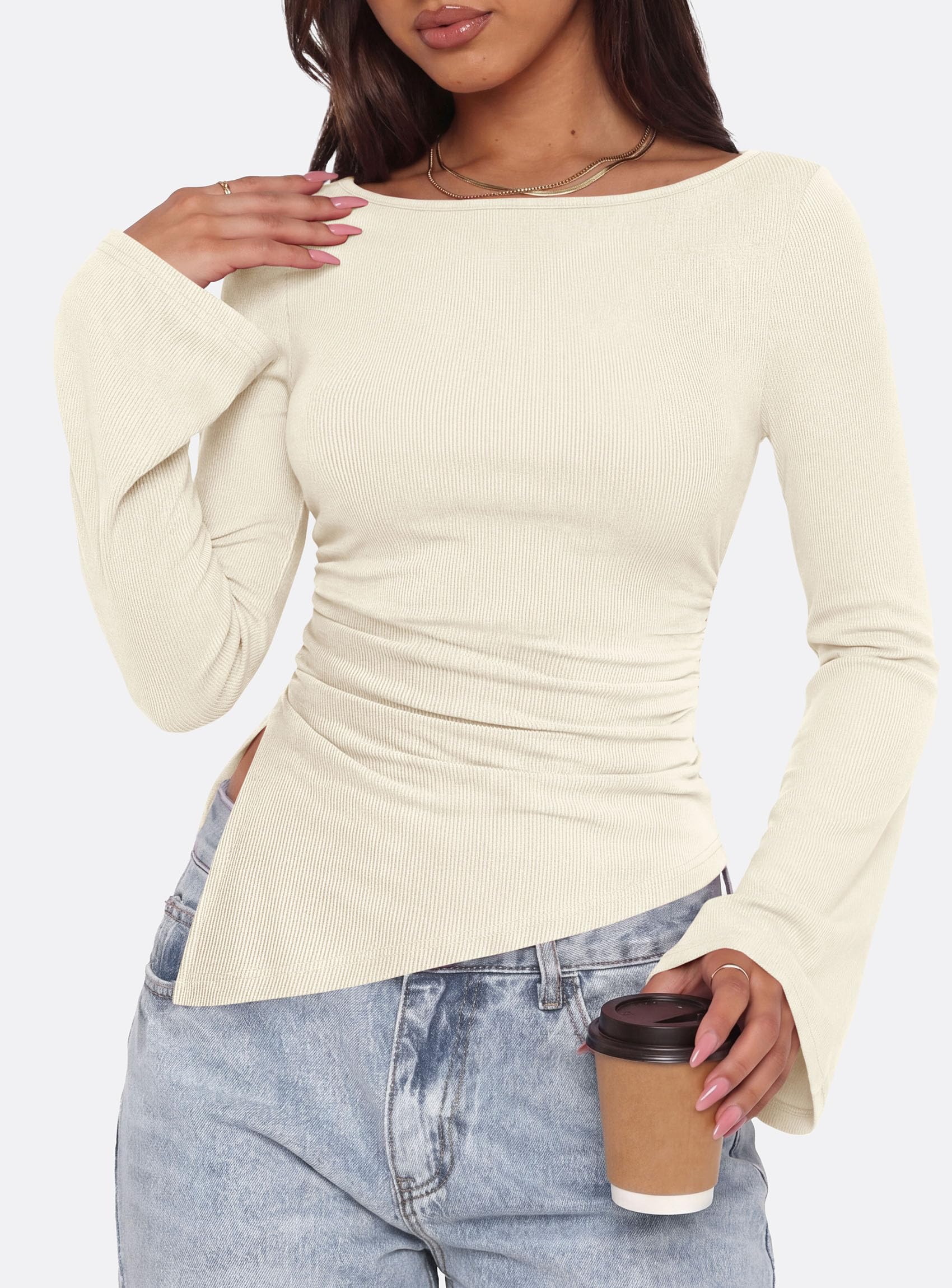 Womens Bell Long Sleeve Boat Neck Asymmetrical Tops Beige,XS