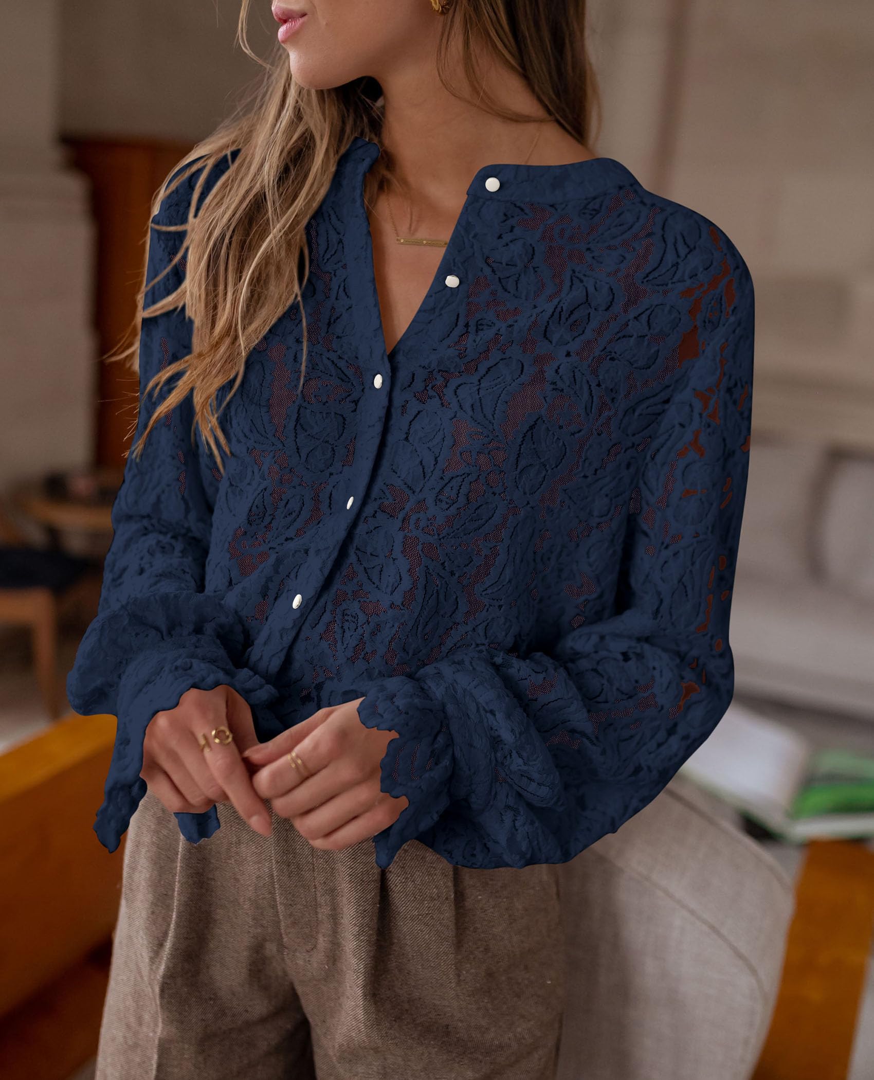 Women's Fall Trendy Long Sleeve Lace Tops(Navy,Small)