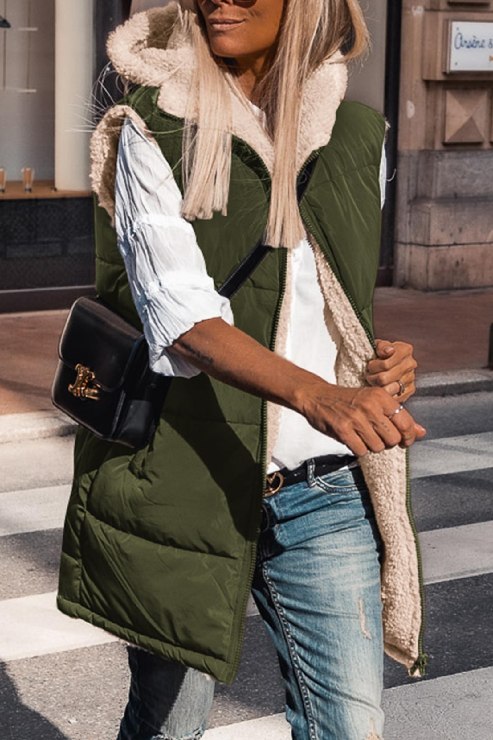 Women's Winter Reversible Fleece Long Vests(Army Green,S)