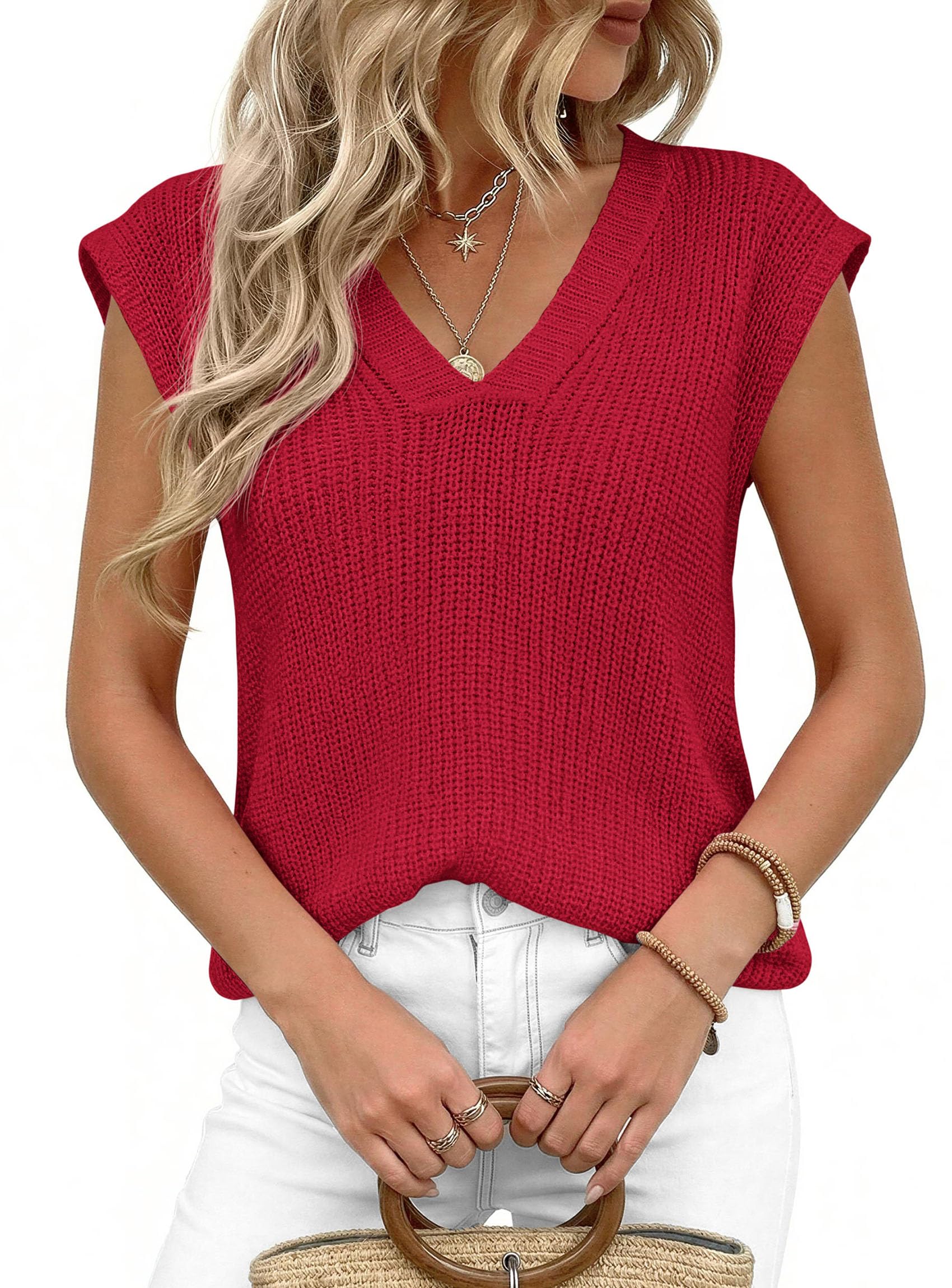 Women's Cap Sleeve Sweaters Vest Summer Tops (Red,S)