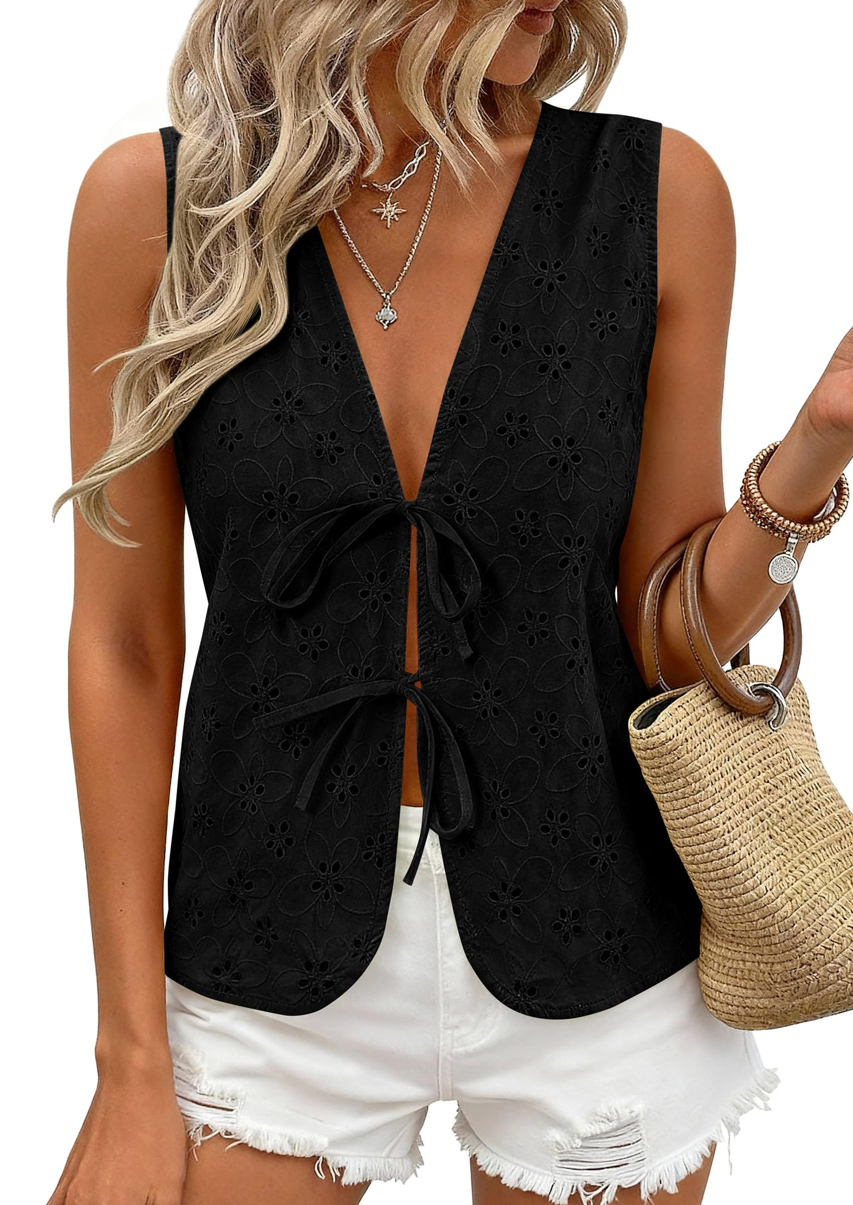 Women's Summer Eyelet Lace Tie Front Vest Tops (Black,S)