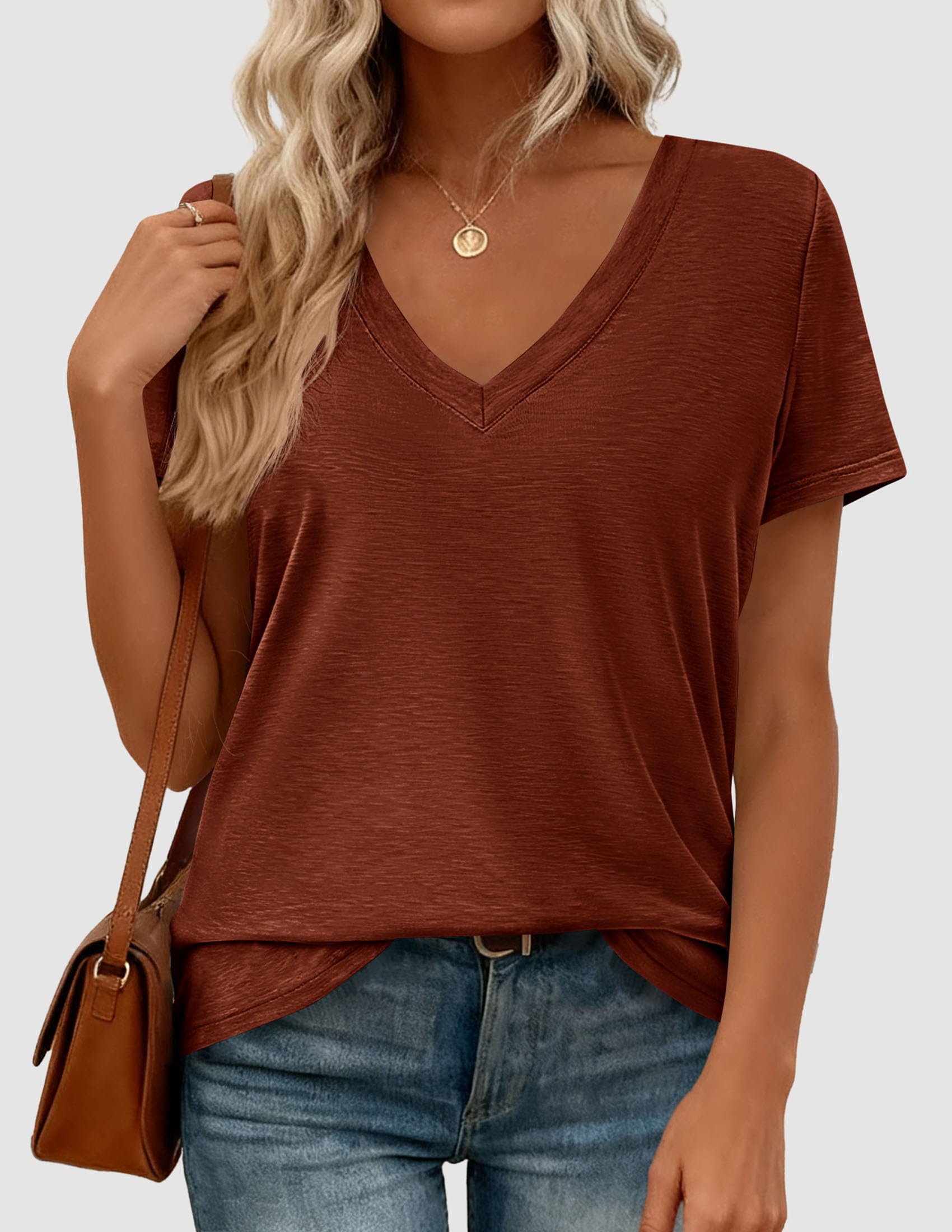 Womens Tops Short Sleeve Oversized Tshirts, Rust Red,S