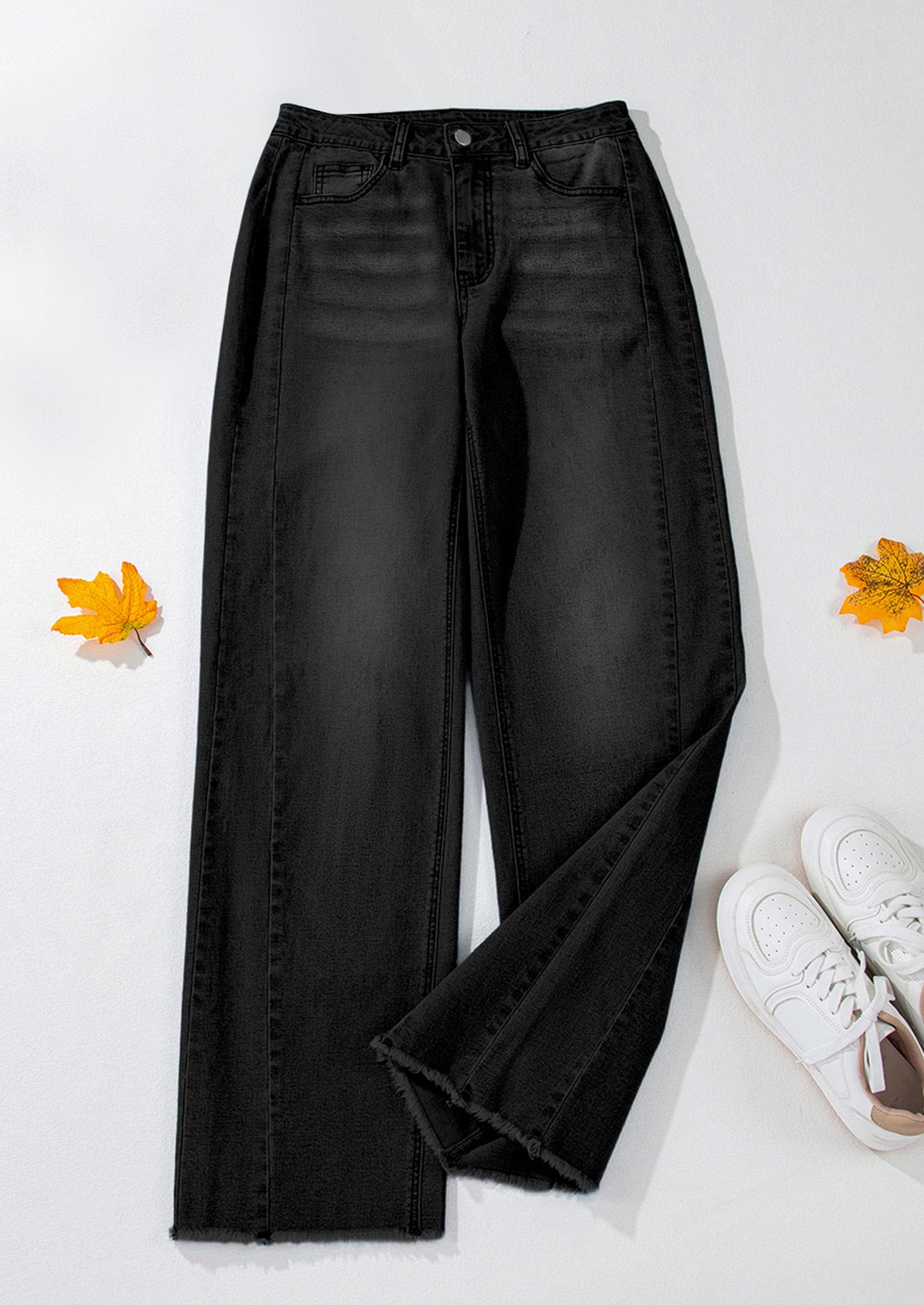 Women's Wide Leg Jeans Raw Hem Denim Pants,Black,4