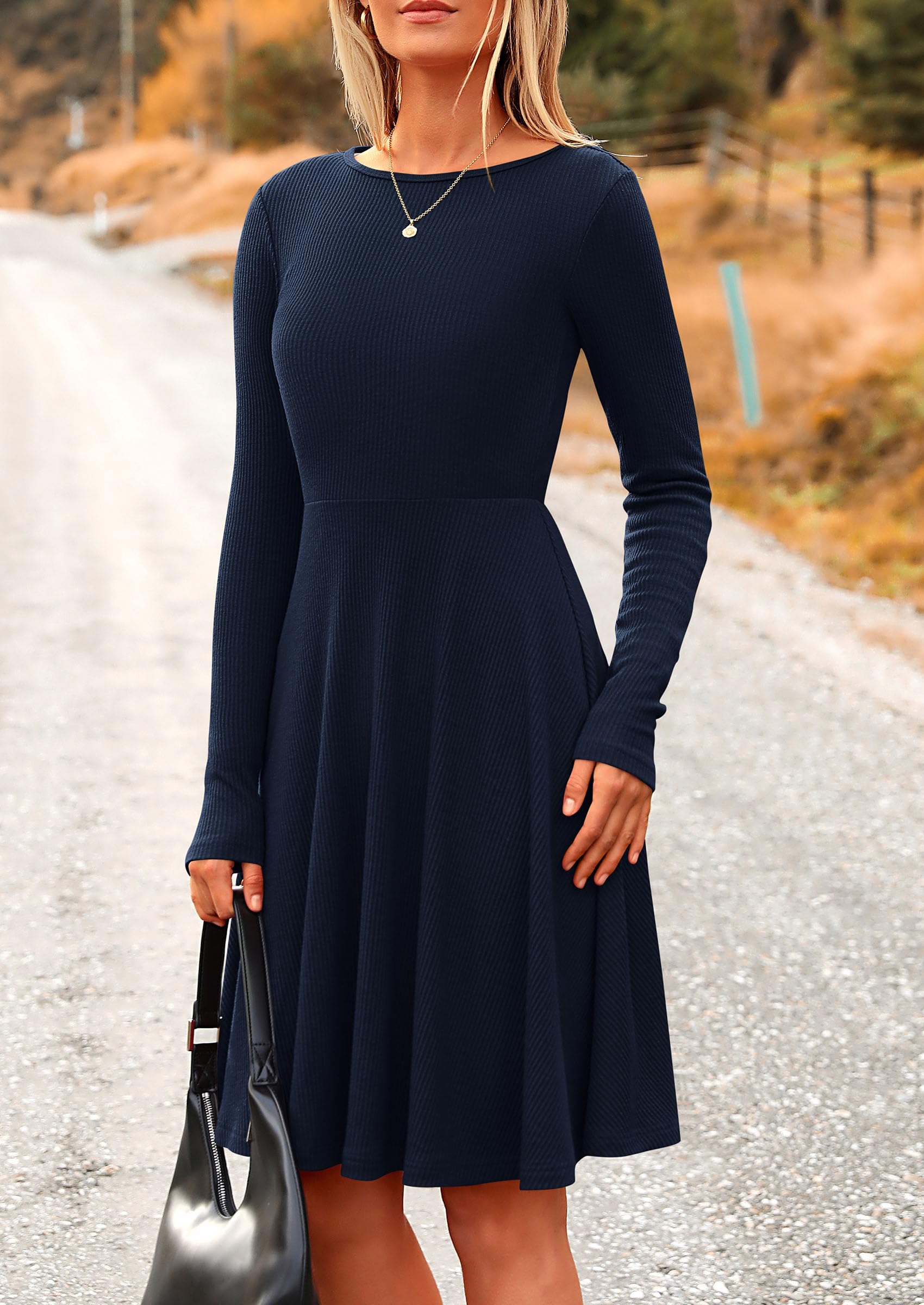 Women's Fall Casual Long Sleeve Short Dress (Navy,S)