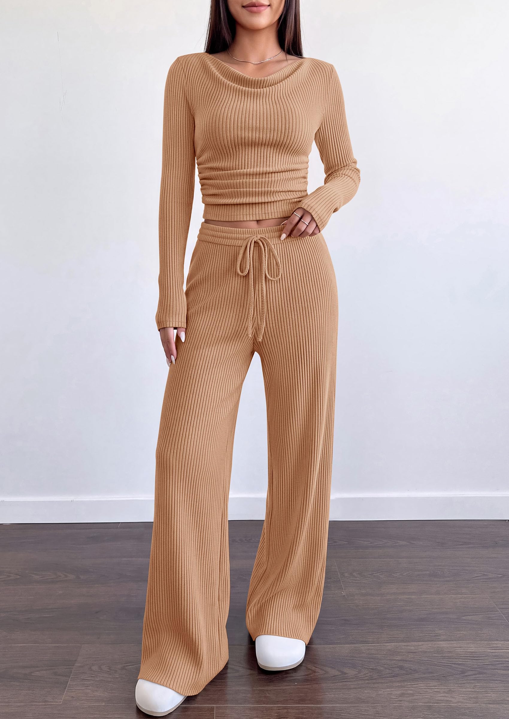 Matching Sets Women Clothing Fall Ribbed 2 Piece Lounge Set