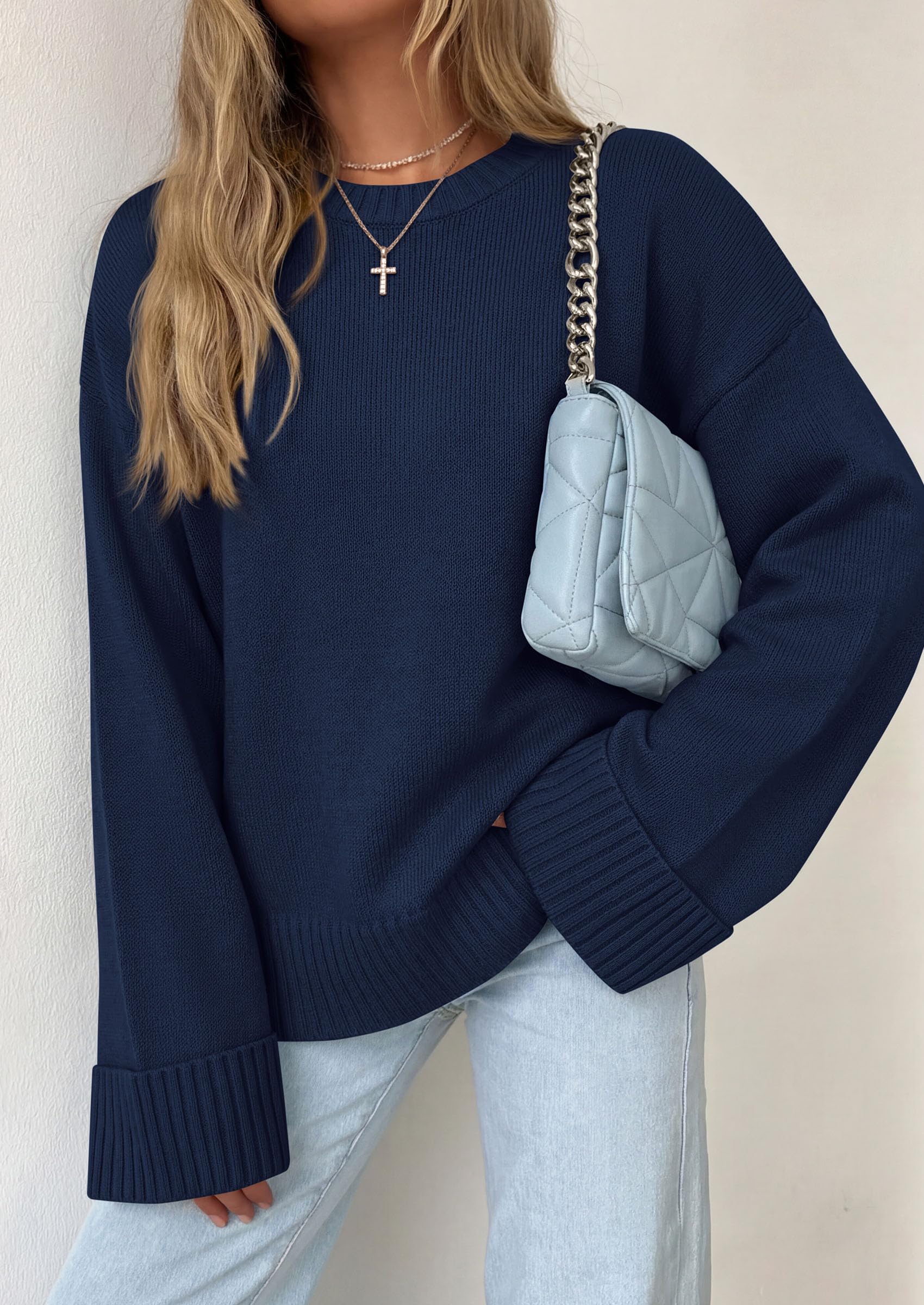 Oversized Sweater Women's Crewneck Long Sleeve Tops Navy Blue