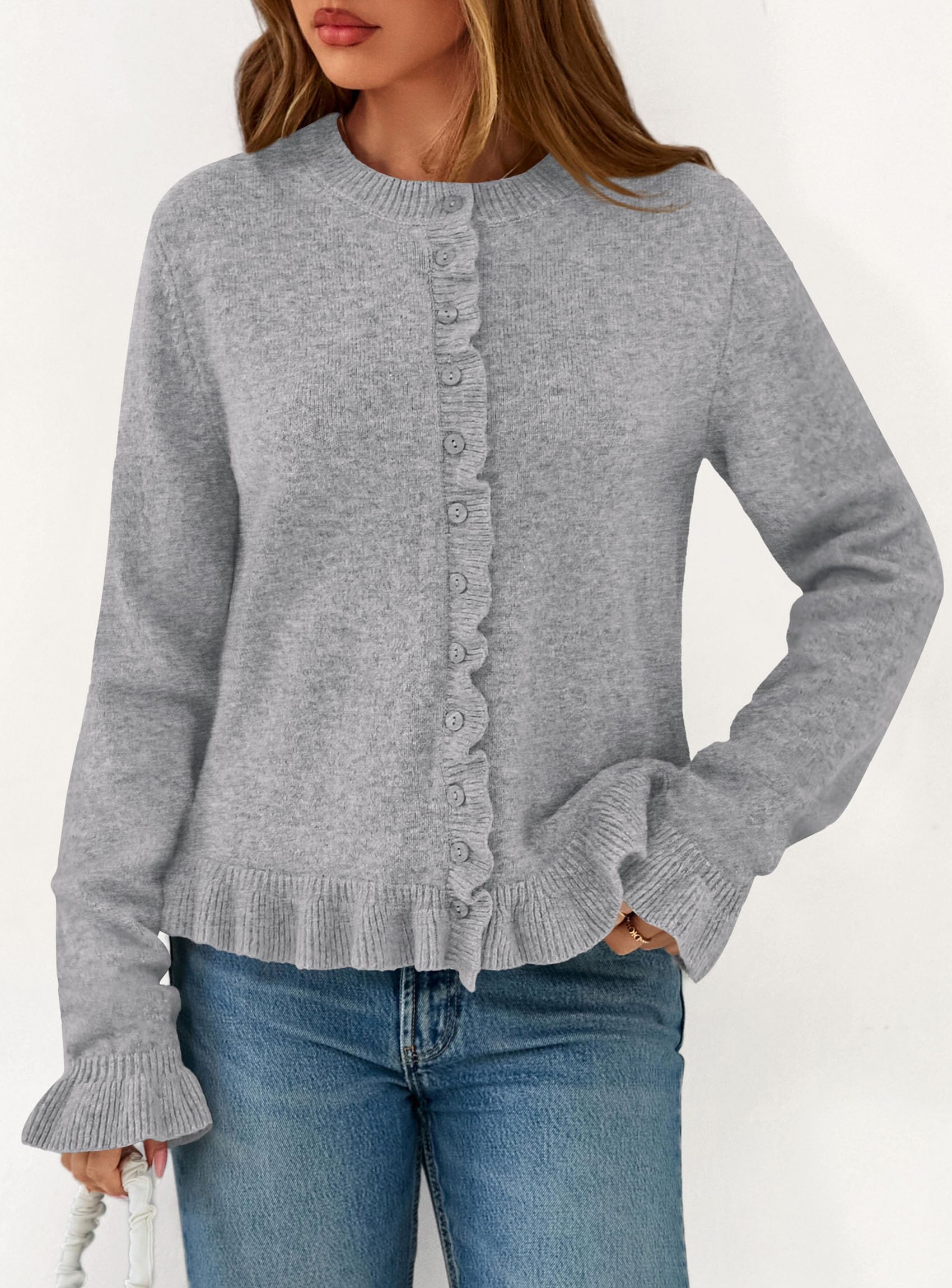 Womens Ruffle Button Down Cardigan Sweaters,Grey,S