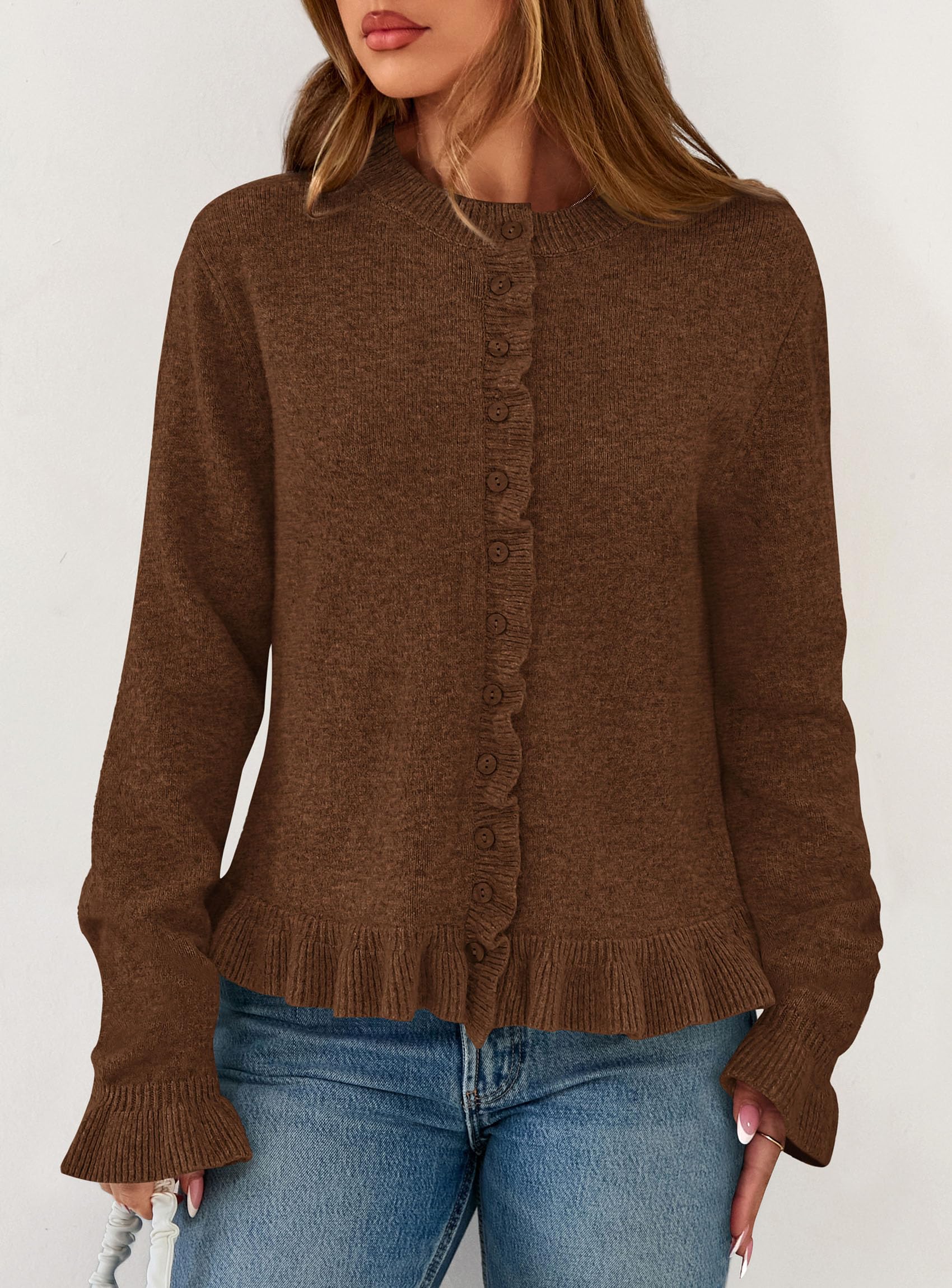 Womens Ruffle Button Down Cardigan Sweaters,Brown,S