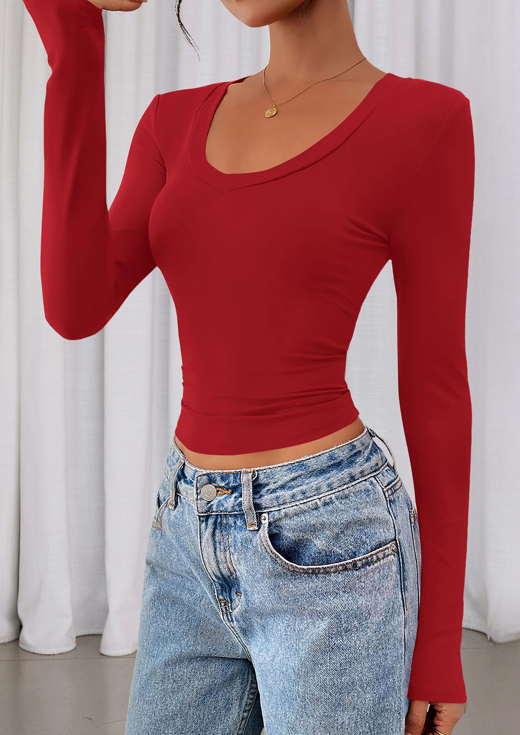 Womens Long Sleeve Slim Fit Crop Tops,Red,XS