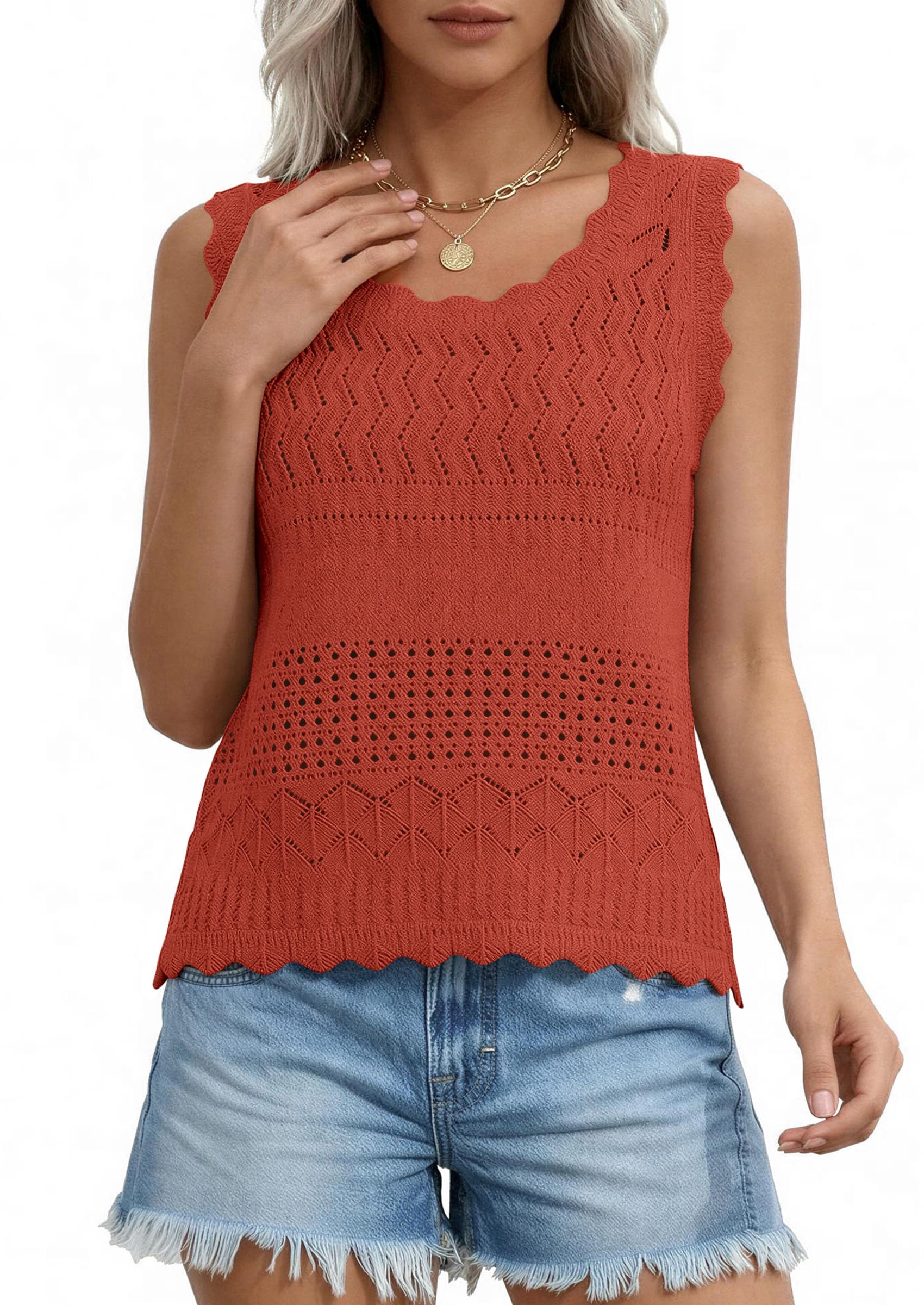 Womens Crochet Tank Tops Knit Sleeveless Vest,Rust Red,S