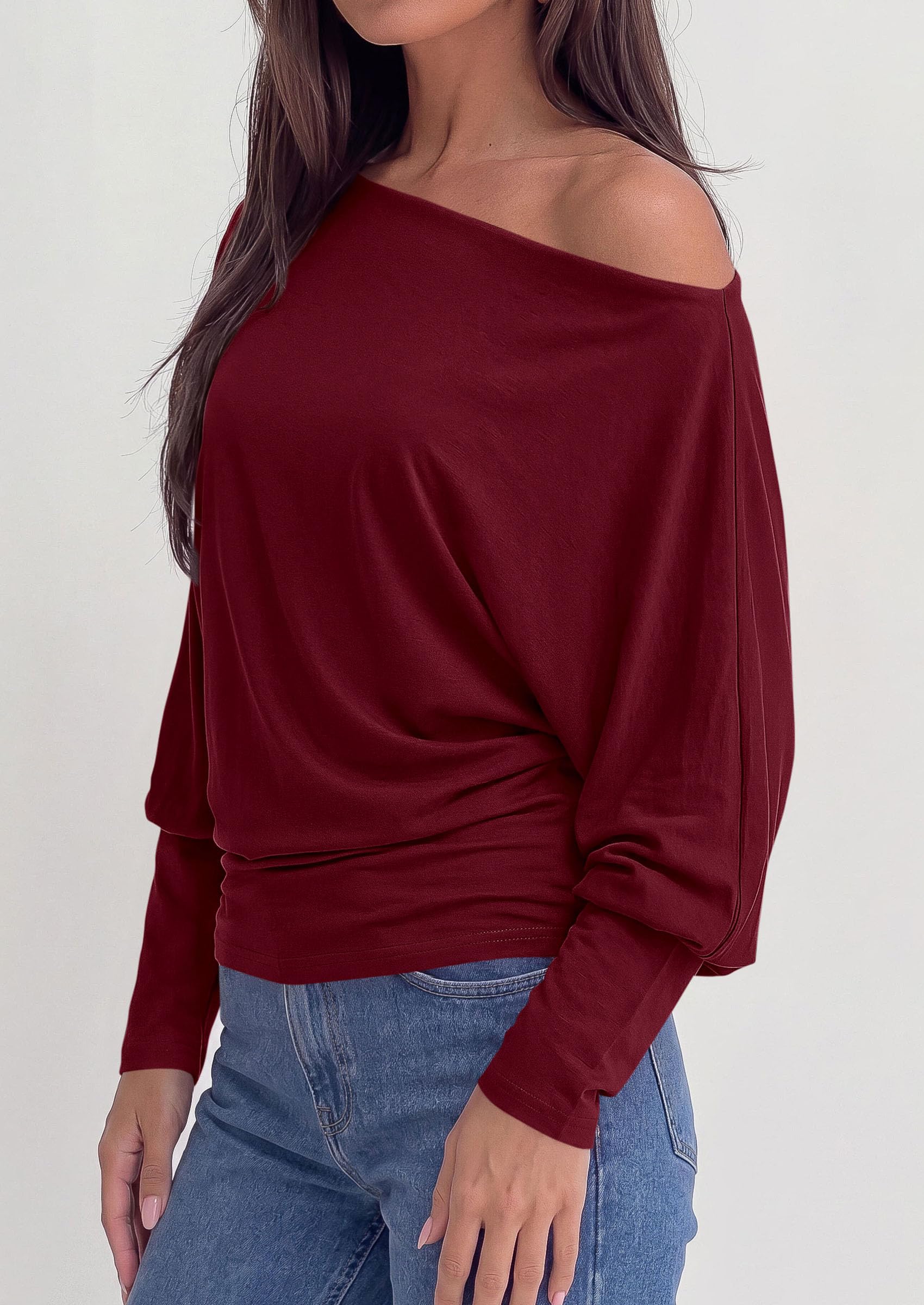 Womens Off The Shoulder Batwing Long Sleeve Top,Wine Red,S