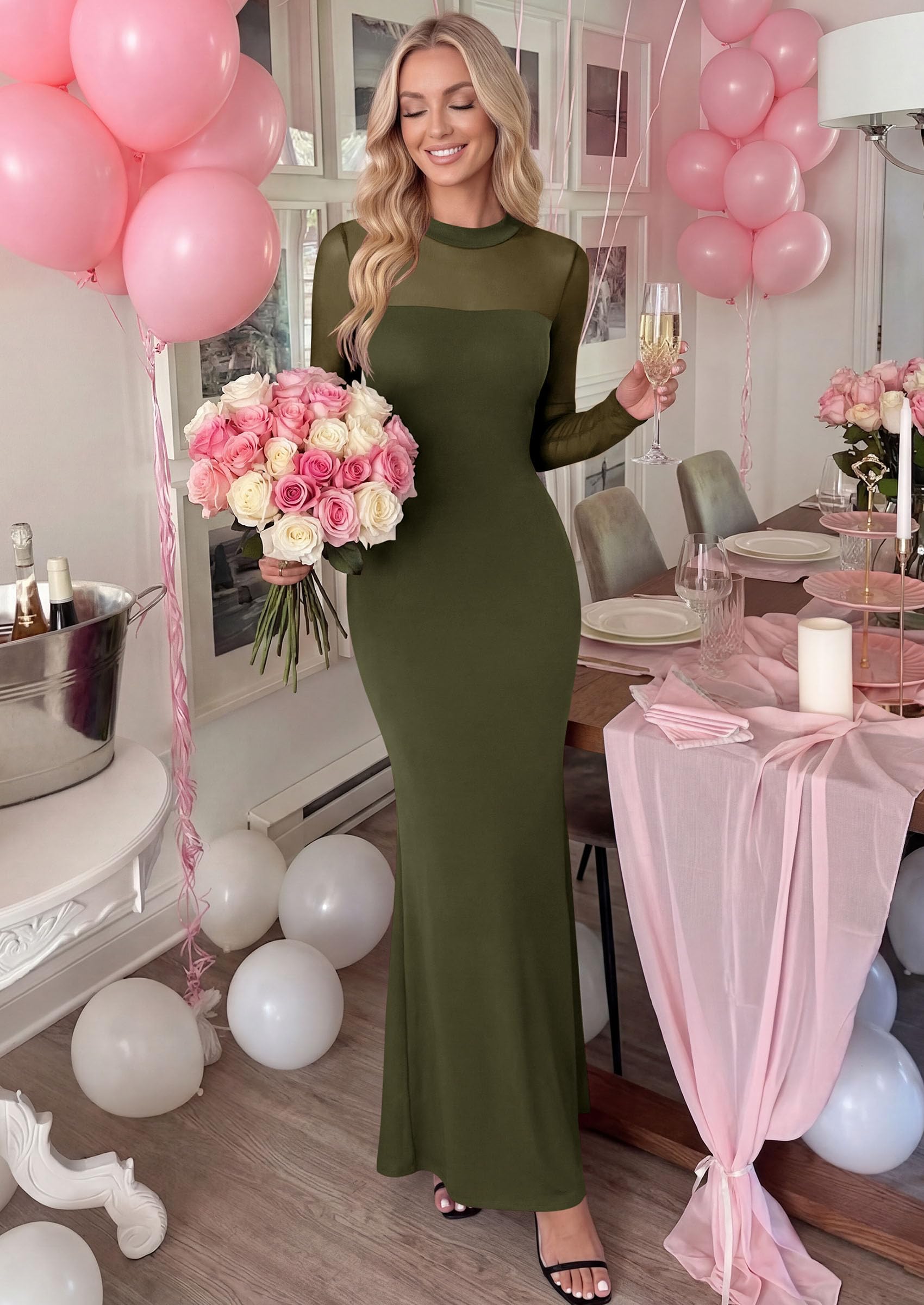 Women's Long Sleeve Formal Mesh Fall Wedding Guest Maxi Dress
