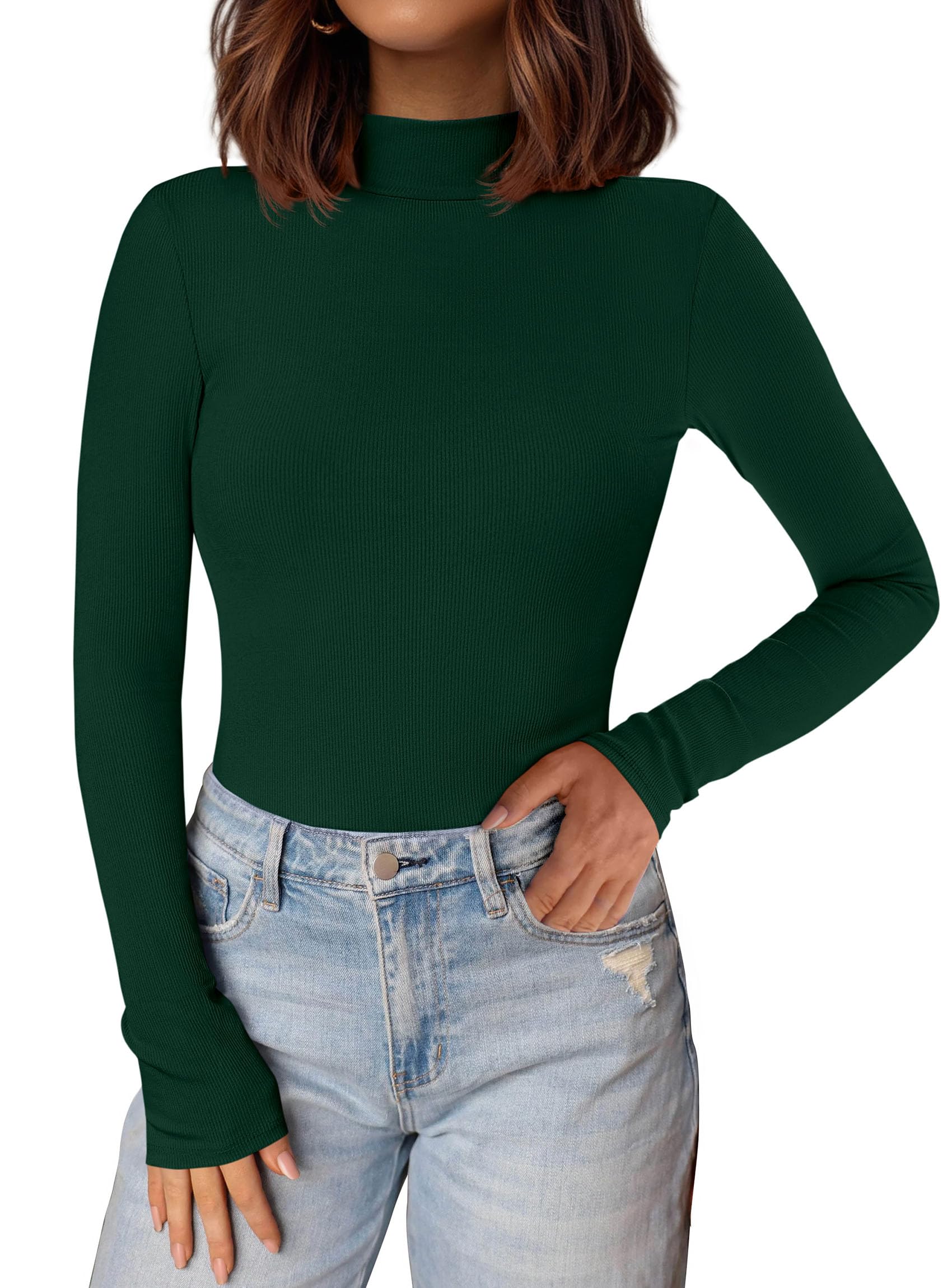 Womens Mock Turtleneck Fall Long Sleeve Shirts,Dark Green,XS