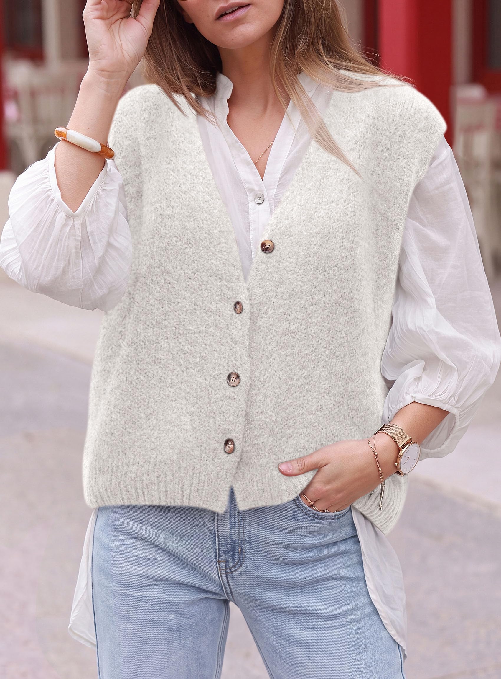 Womens Fall Sleeveless Button Down Sweater Vest,White,S