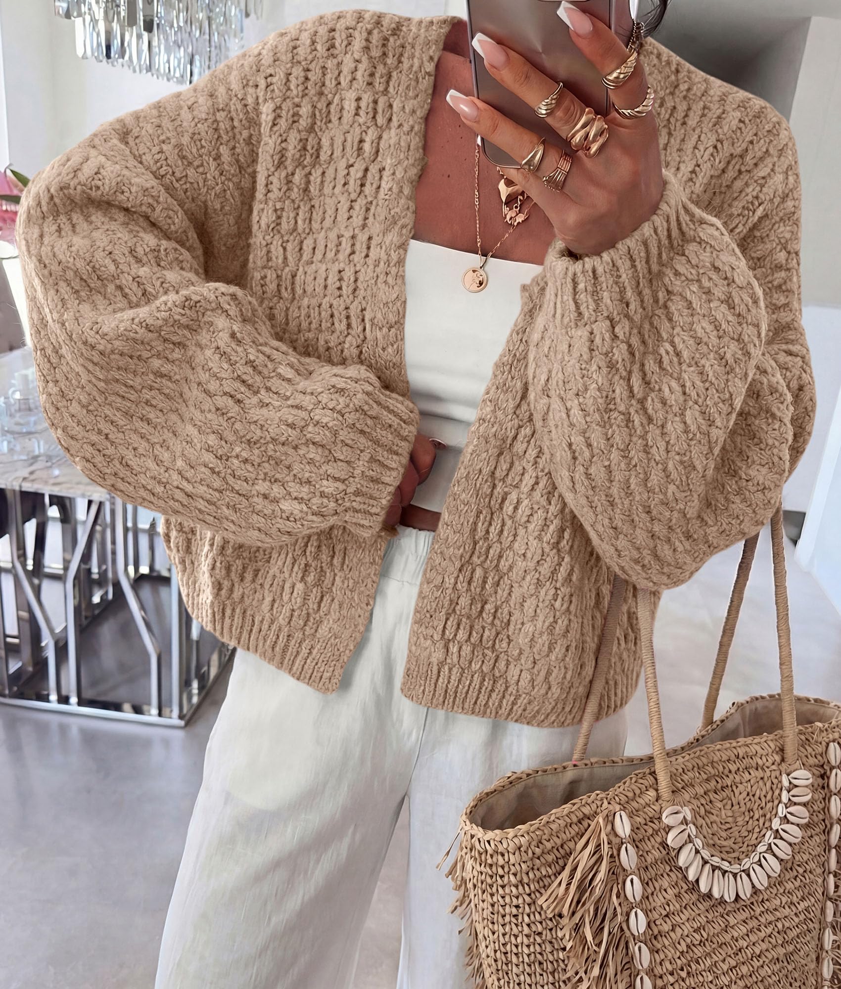 Women's Fall Cardigan Open Front Chunky Sweaters Khaki S