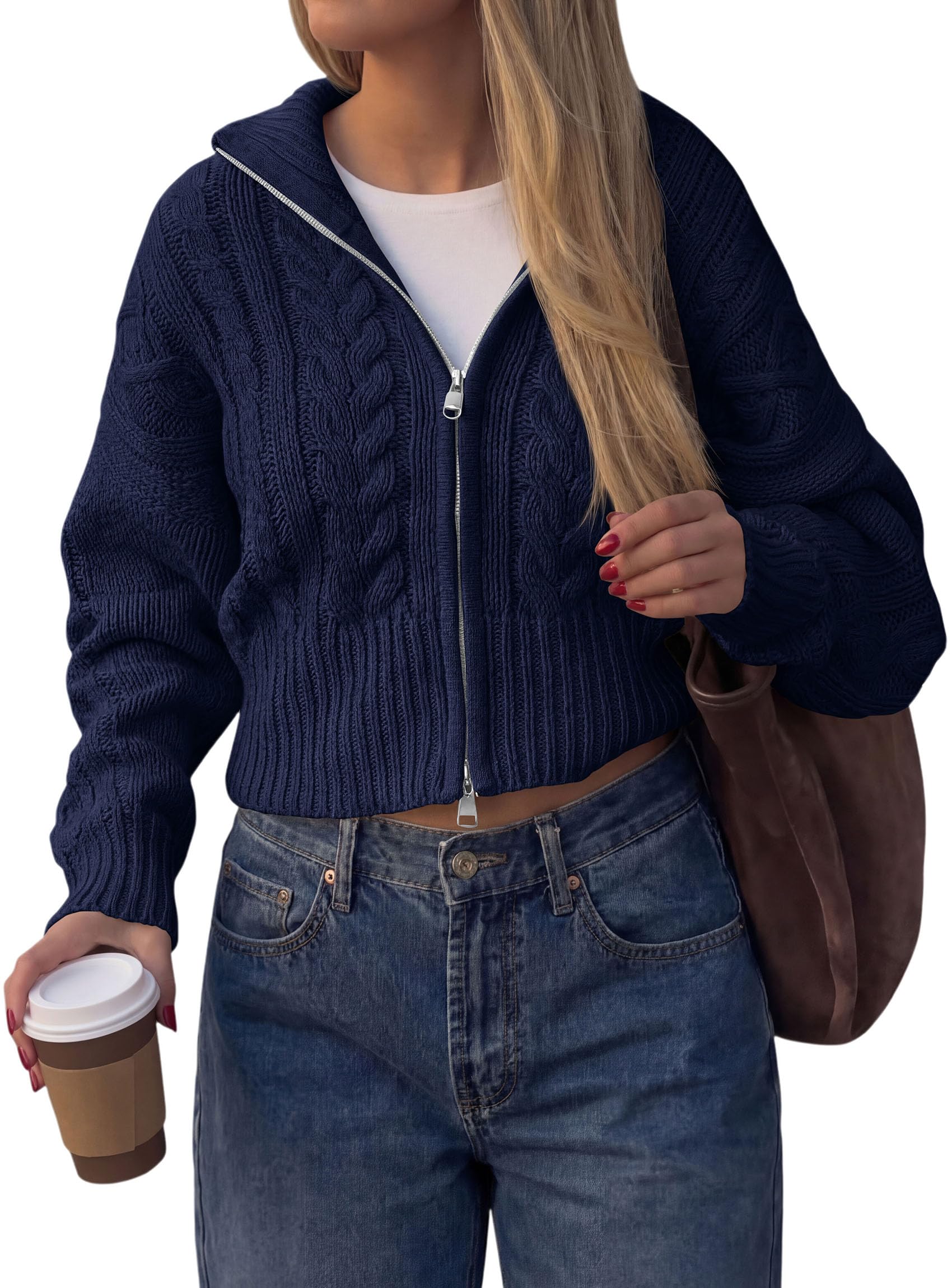 Women's Zip Up Cardigan Sweaters Cropped Jackets Fall Outfits
