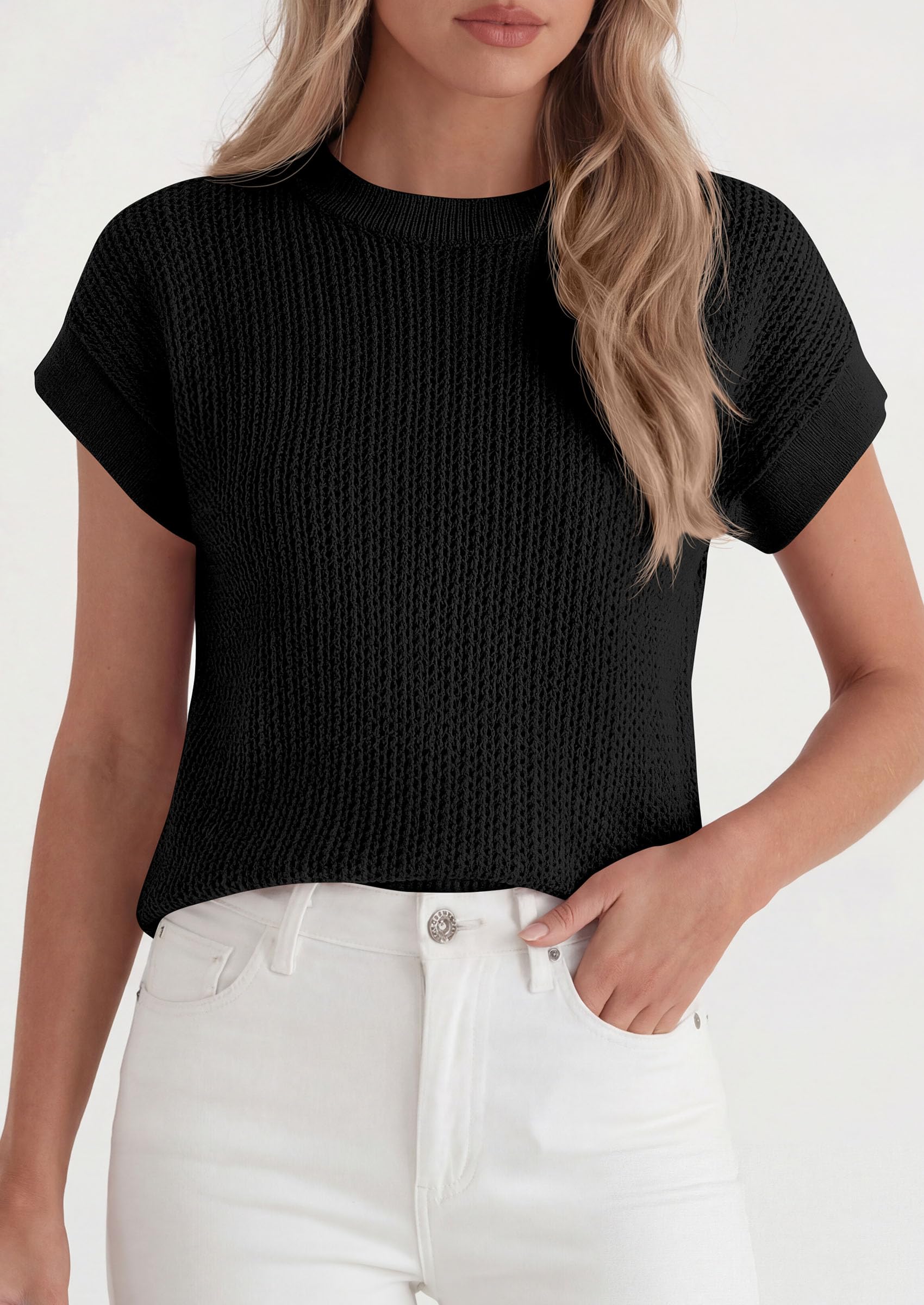 Women's Summer Sweater Vest Crochet Tops (Black,S)