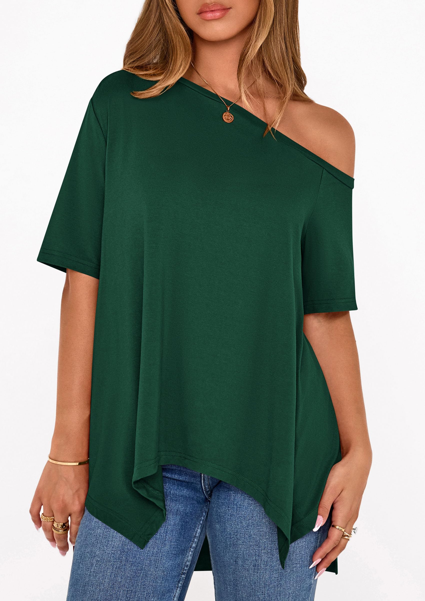 Off Shoulder Tops for Women Oversized Tshirts, Dark Green,S