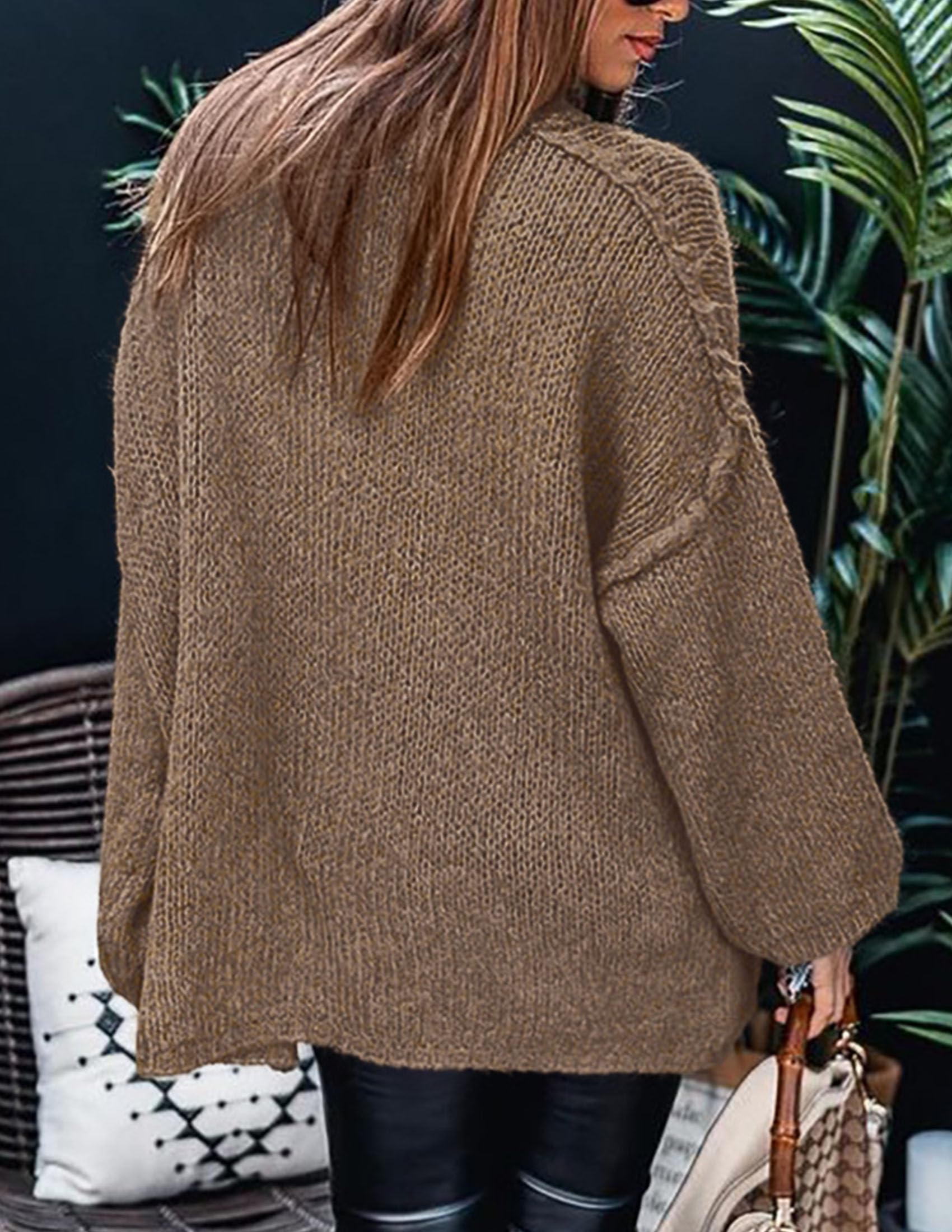 Womens Turtleneck Long Sleeve Oversized Sweaters,Light Brown,S