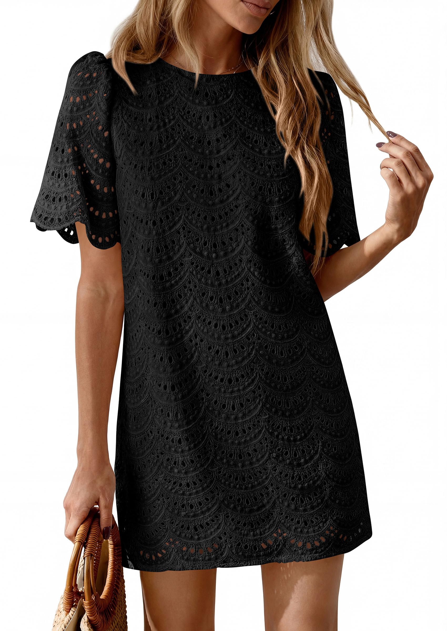 Women's Summer Eyelet Lace Short Dress (Black,S)
