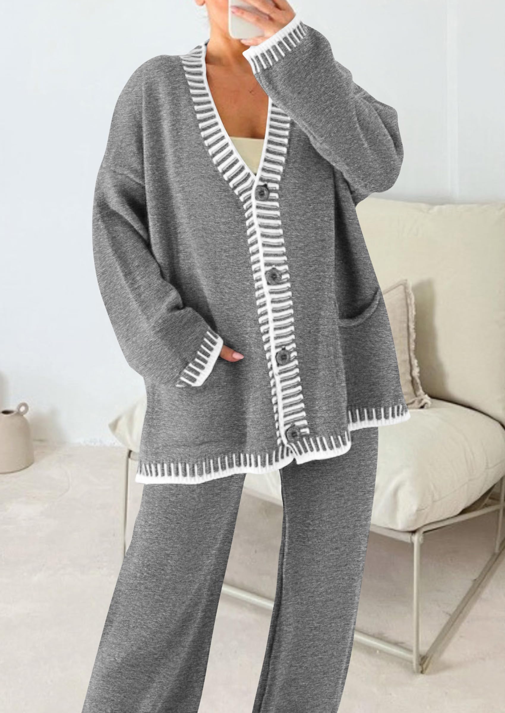 Women's Fall 2 Piece Matching Cozy Knit Sweater Lounge Sets