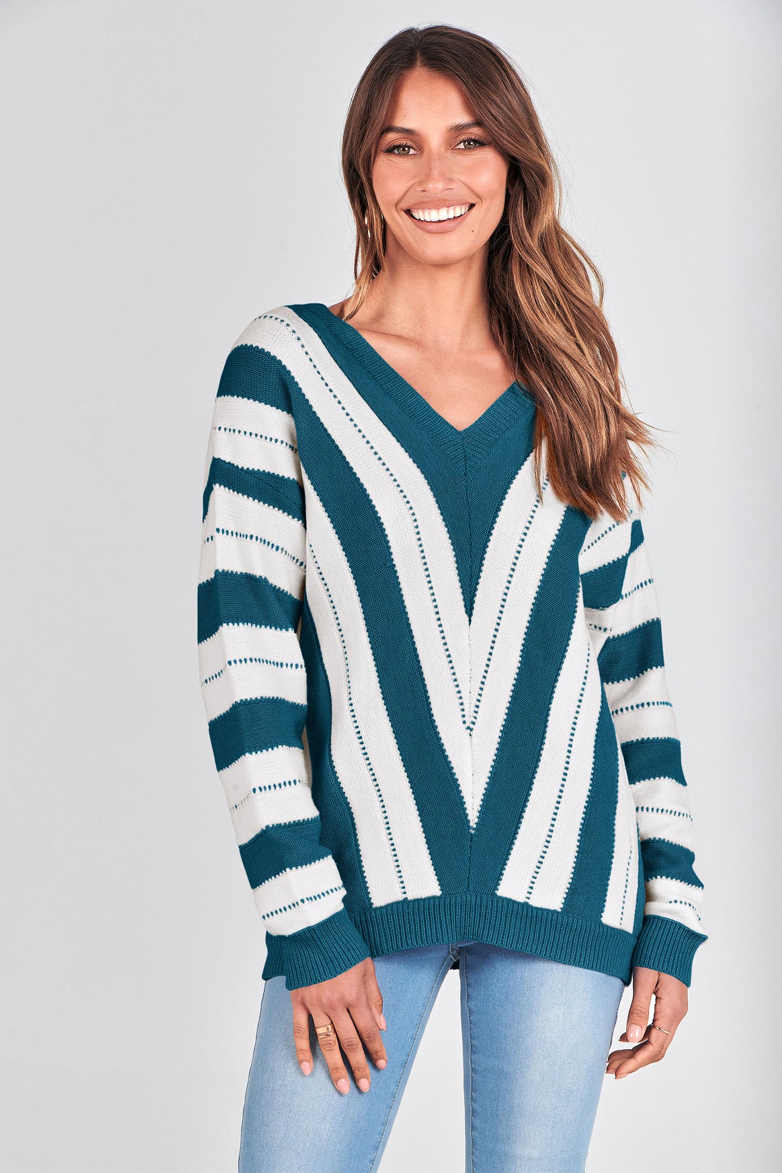 Women's V Neck Striped Knit Pullover Sweater