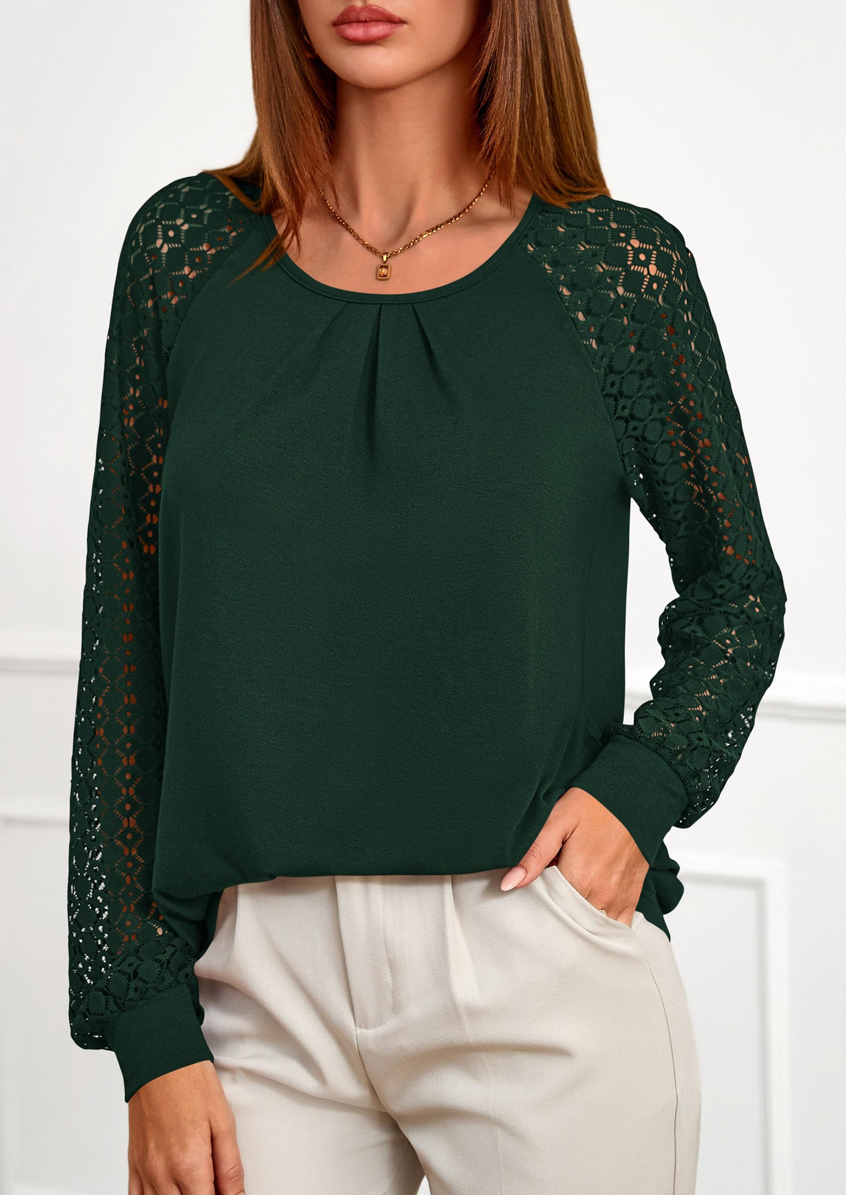 Women's Long Sleeve Shirts Fall Lace Tops,Dark Green,S
