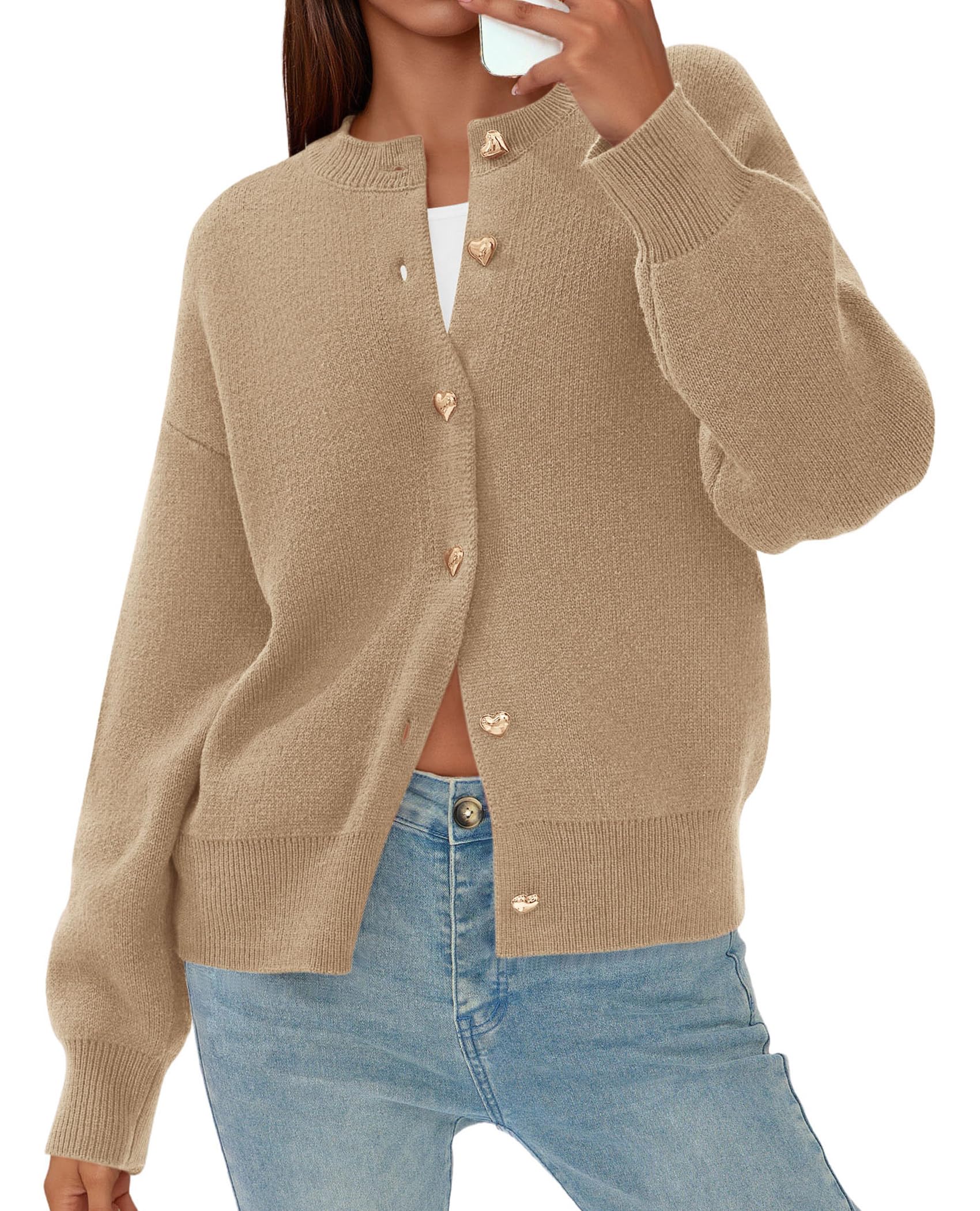 Women's Long Sleeve Button Up Cardigan,Khaki,S