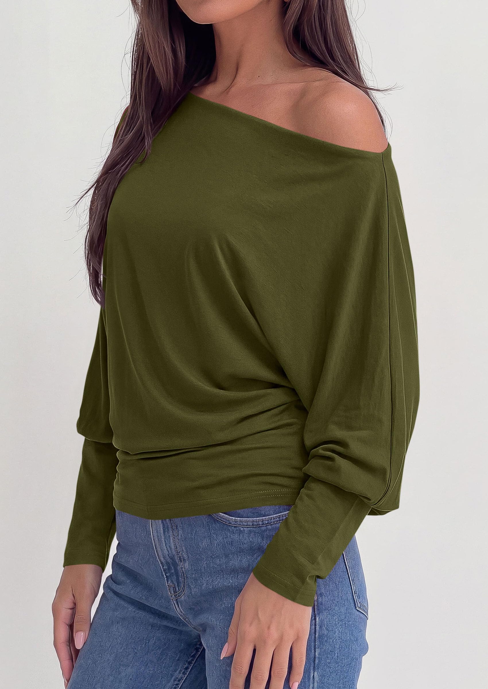 Womens Off The Shoulder Batwing Long Sleeve Top,Army Green,S