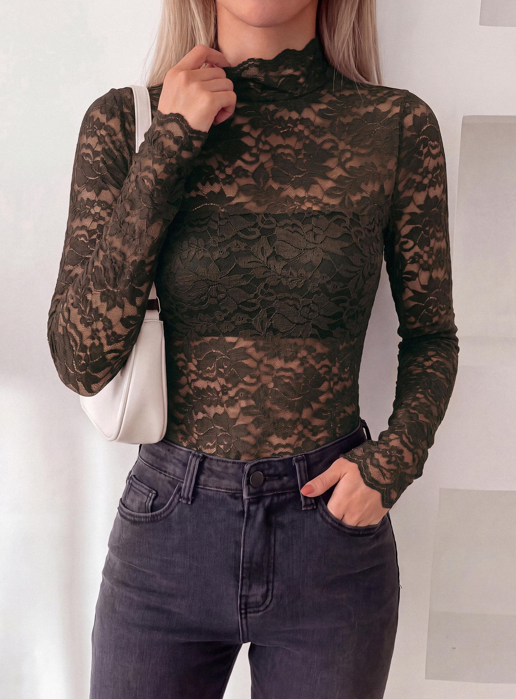 Womens Lace Long Sleeve Tops Sheer Mesh Blouse Coffee,S