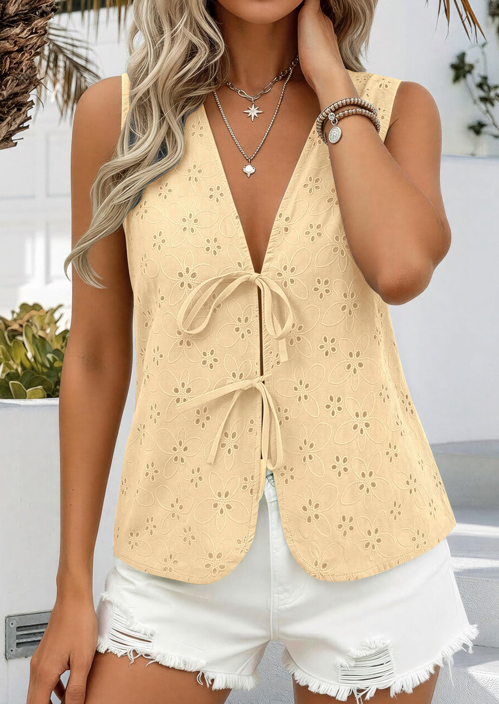 Women's Summer Eyelet Lace Tie Front Vest Tops Beige Yellow,S