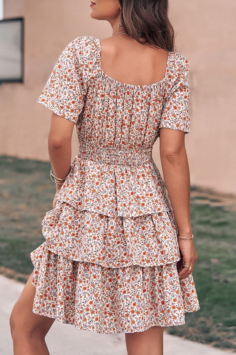 Women's 2025 Floral Summer Short Dress Square Neck Short Sleeve Tiered Ruffle Boho Swing Dresses (White,Small)
