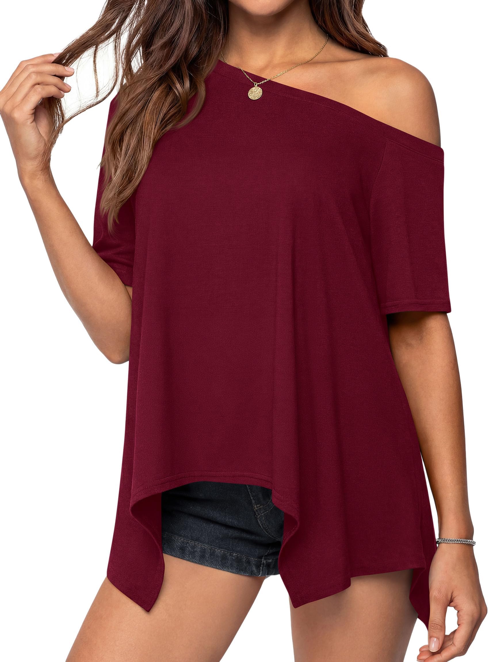 Off Shoulder Tops for Women Oversized Tshirts, Burgundy,S