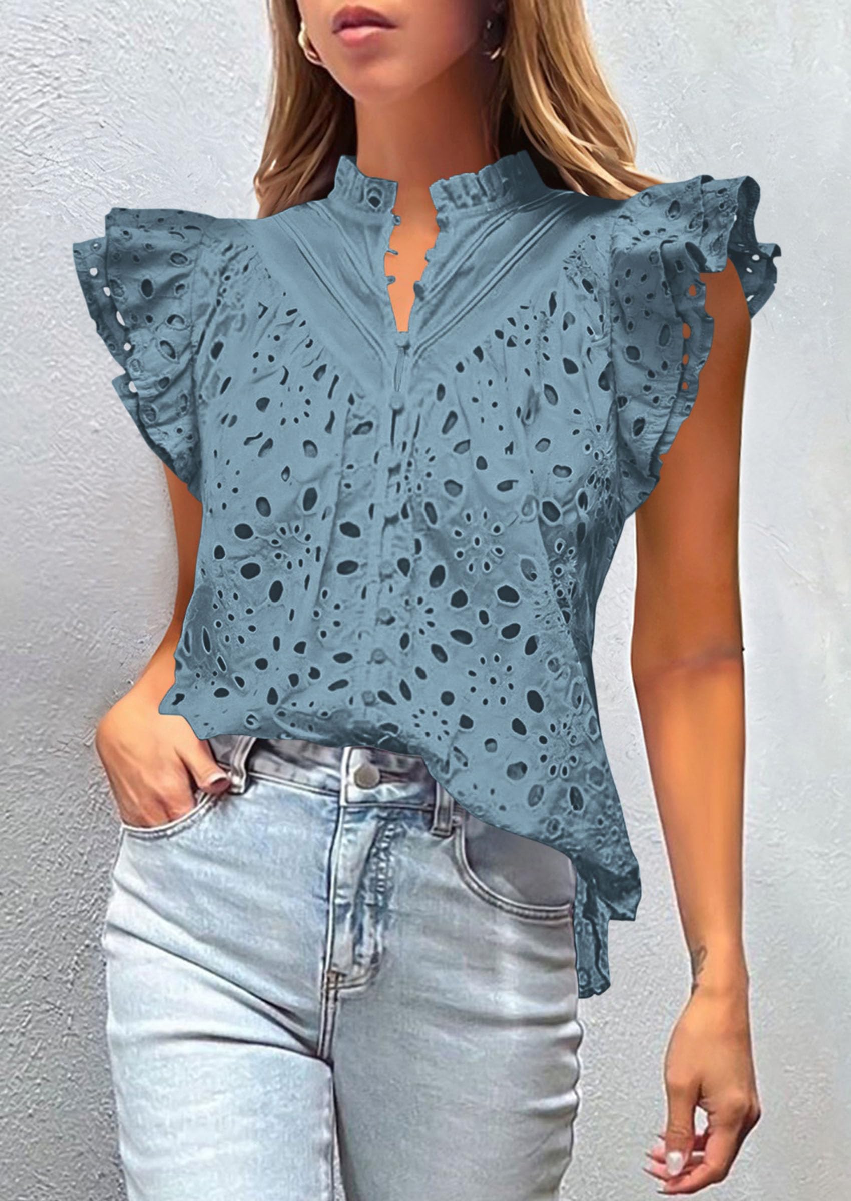Women's Eyelet V Neck Summer Tops Dressy Casual Grey Blue,S