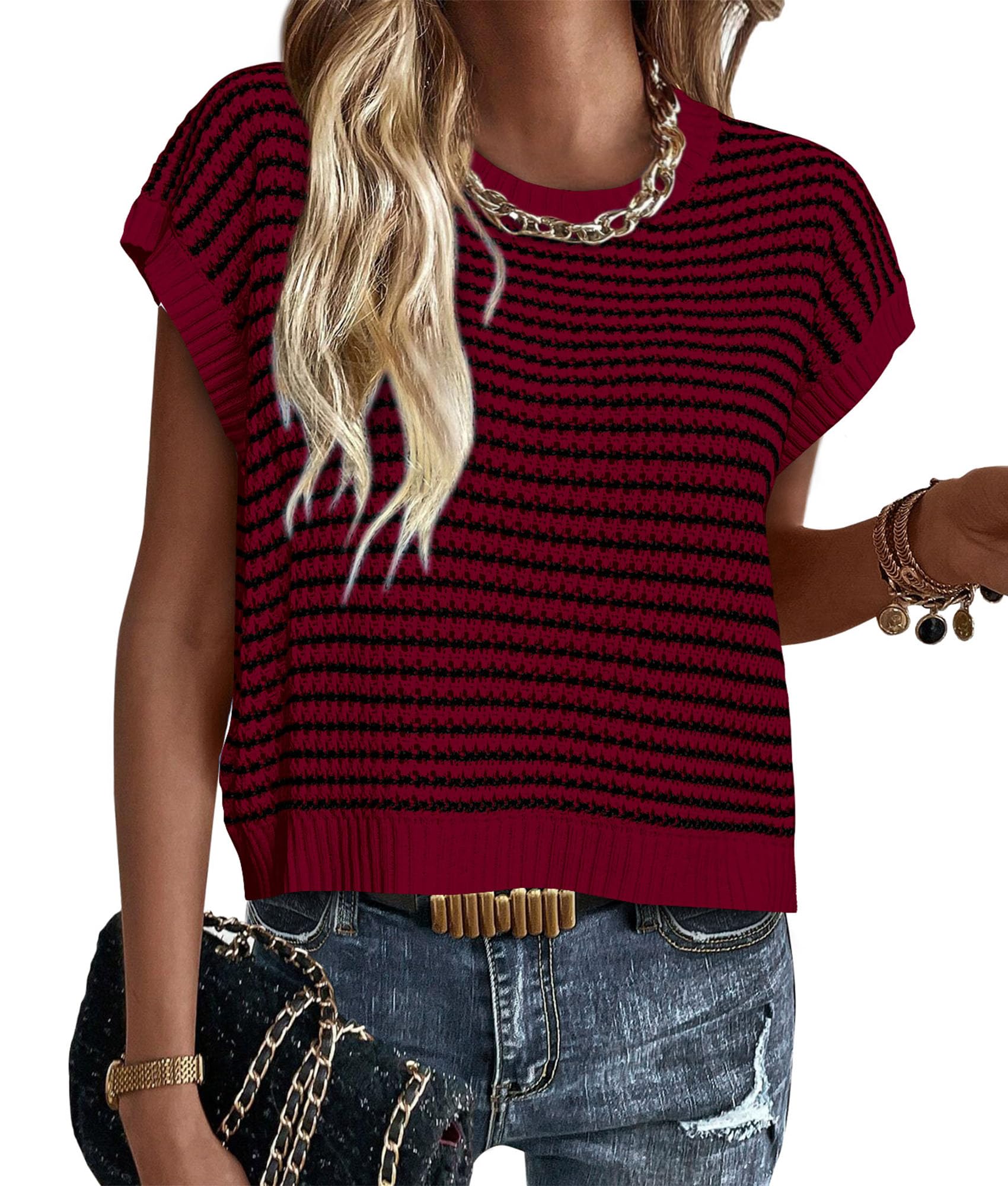 Women's Striped Short Sleeve Sweater Vest Wine Red,S
