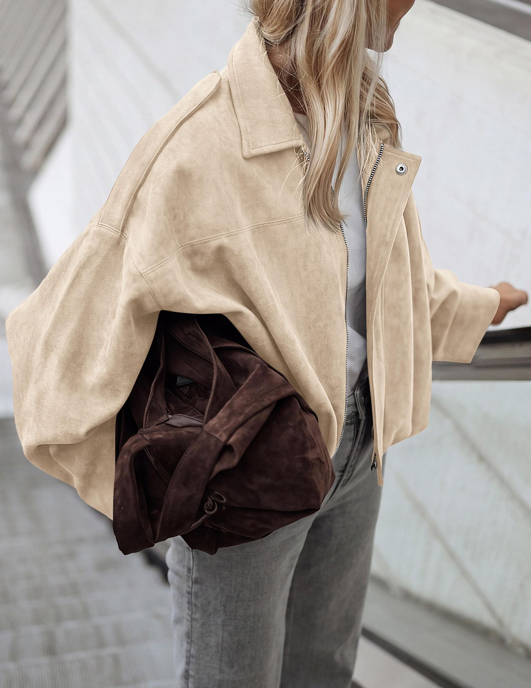 Faux Suede Jacket Women Fall Cropped Western Bomber Jacket
