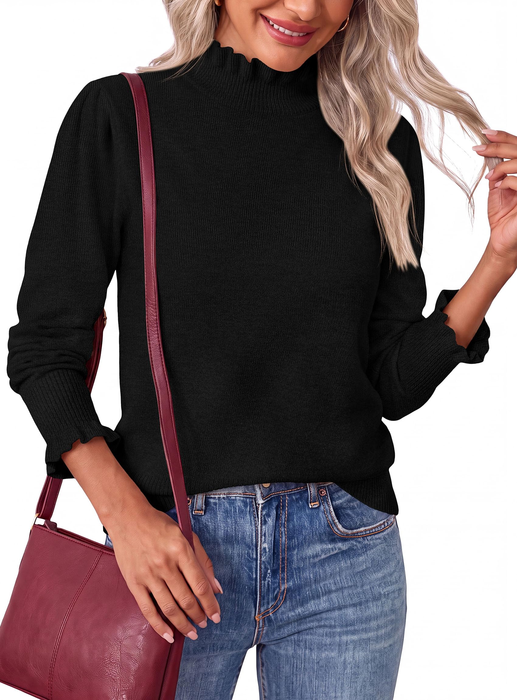 Women's Fall Cozy Sweaters Trendy Ruffle Mock Neck Pullover