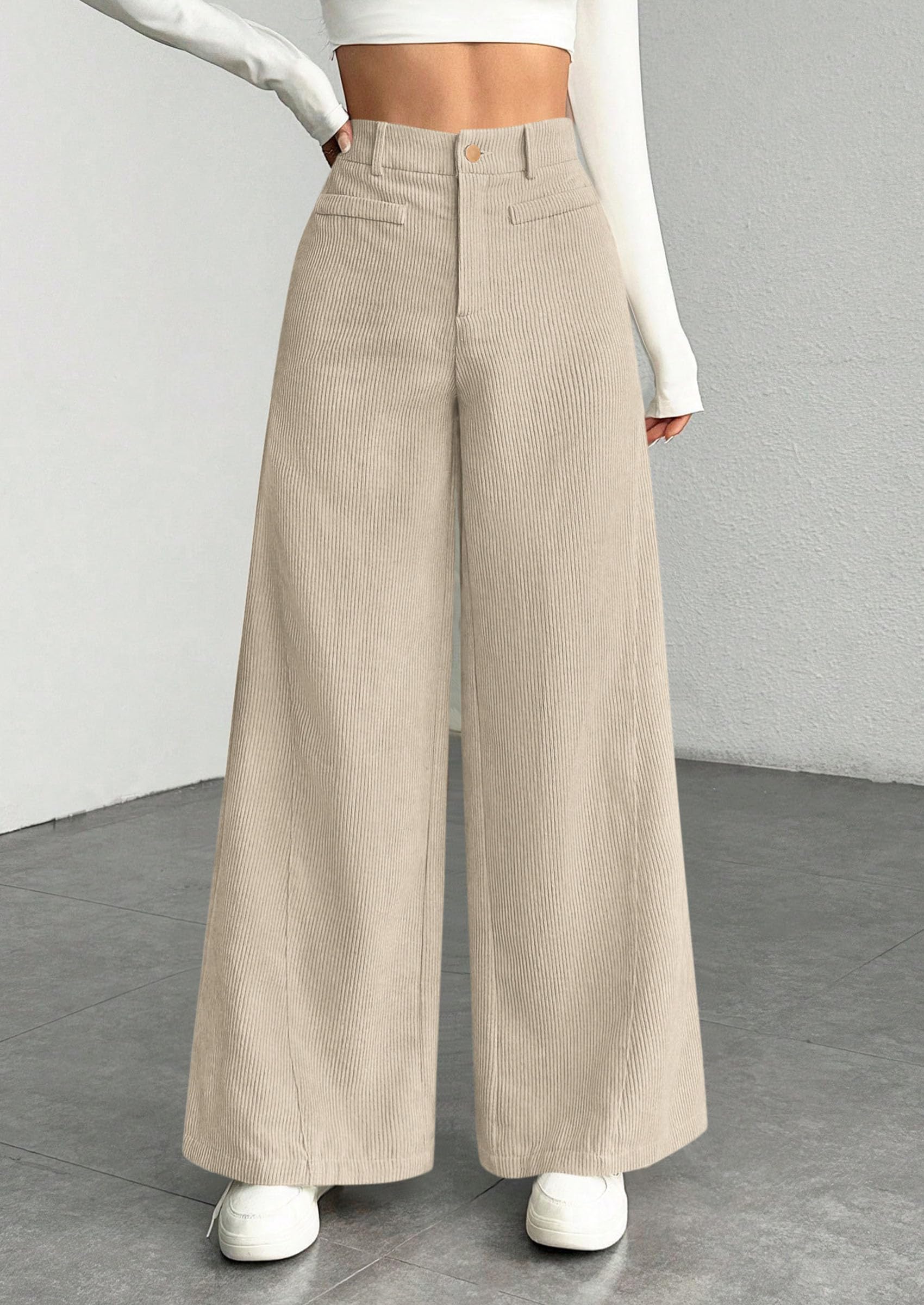 Women's High Waisted Corduroy Pants Casual,Beige White,S