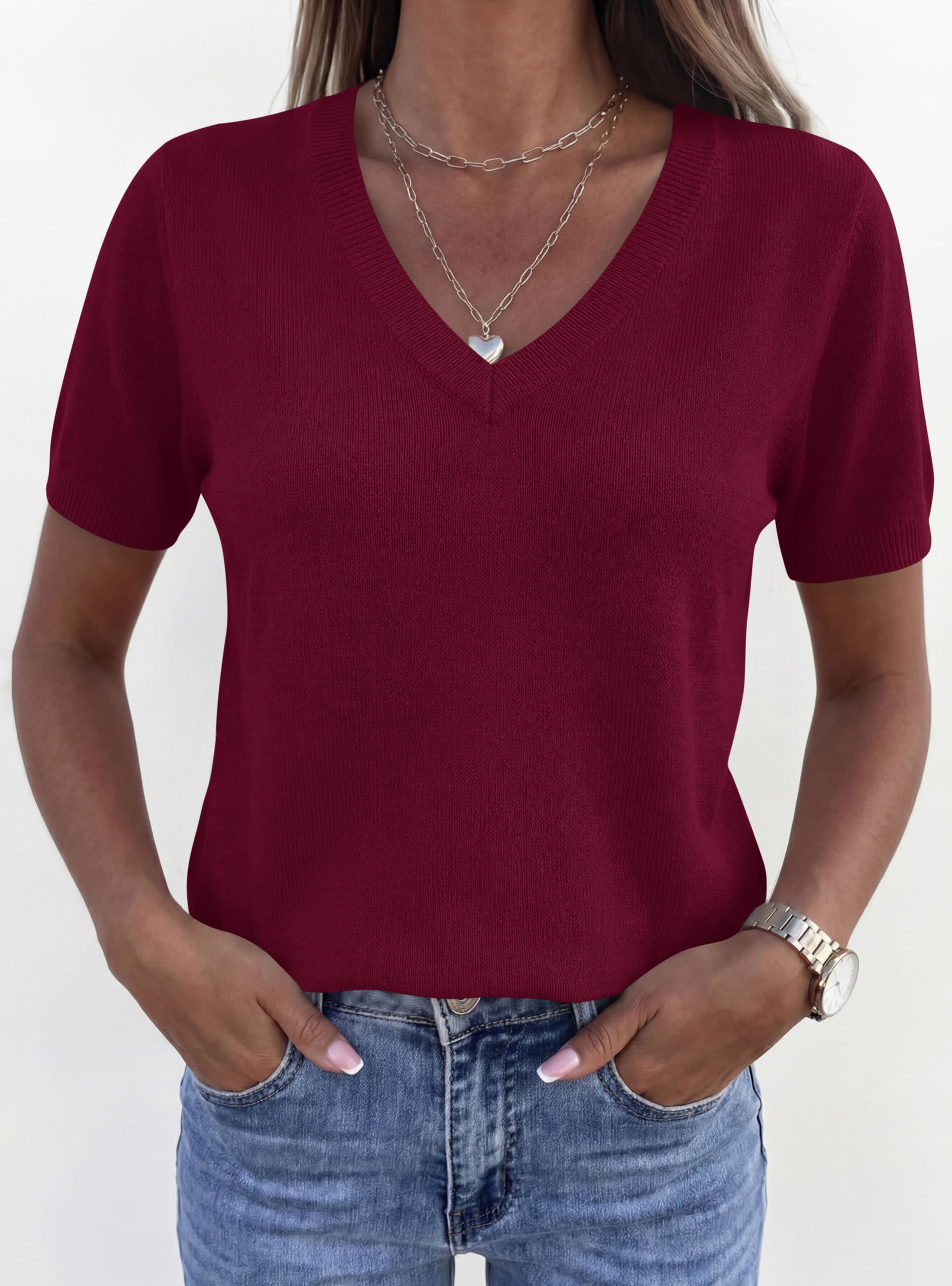 Womens Short Sleeve Sweater V Neck Tops,Wine Red,S