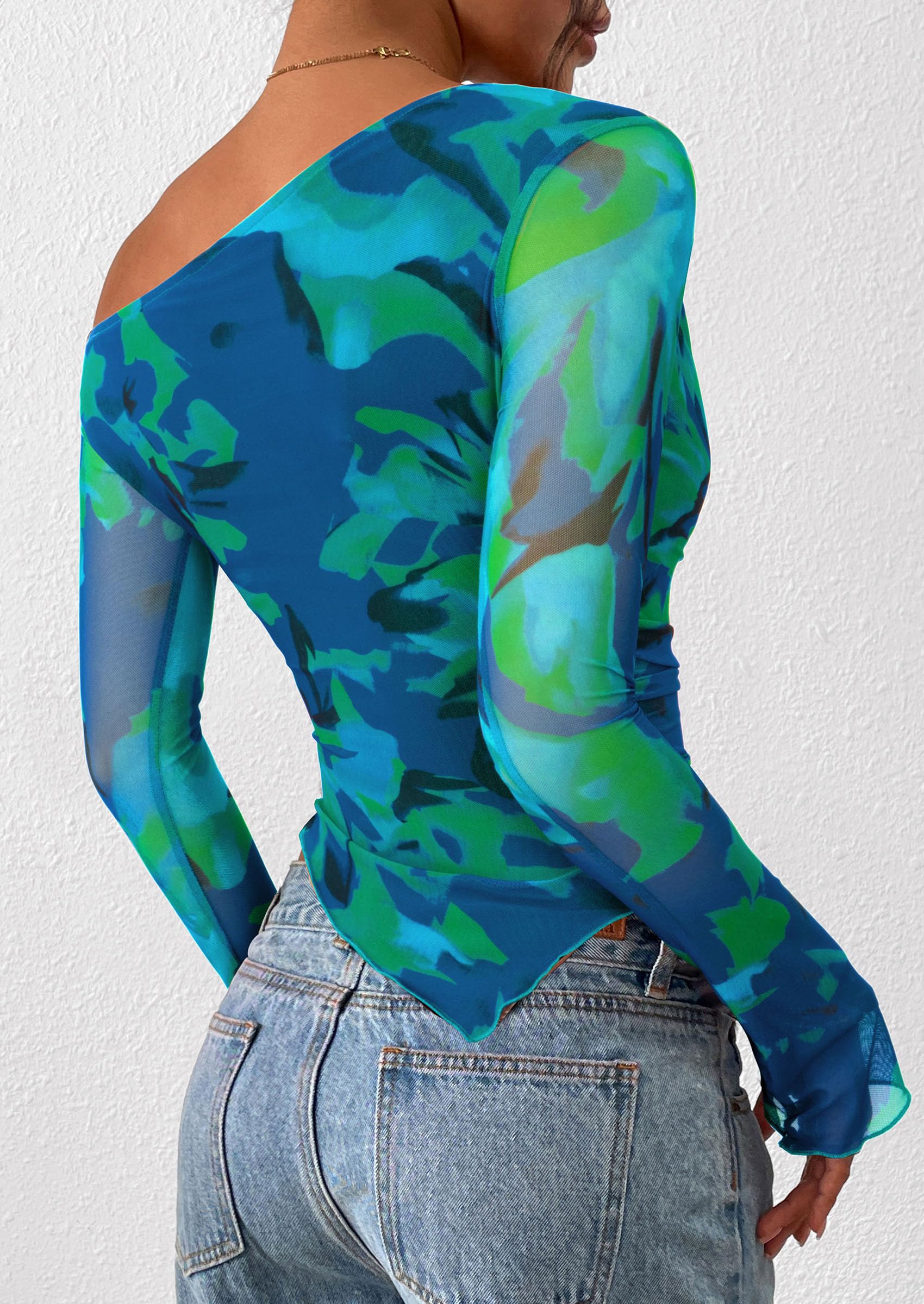 Womens Off Shoulder Mesh Y2k Tops,Floral Green,XS