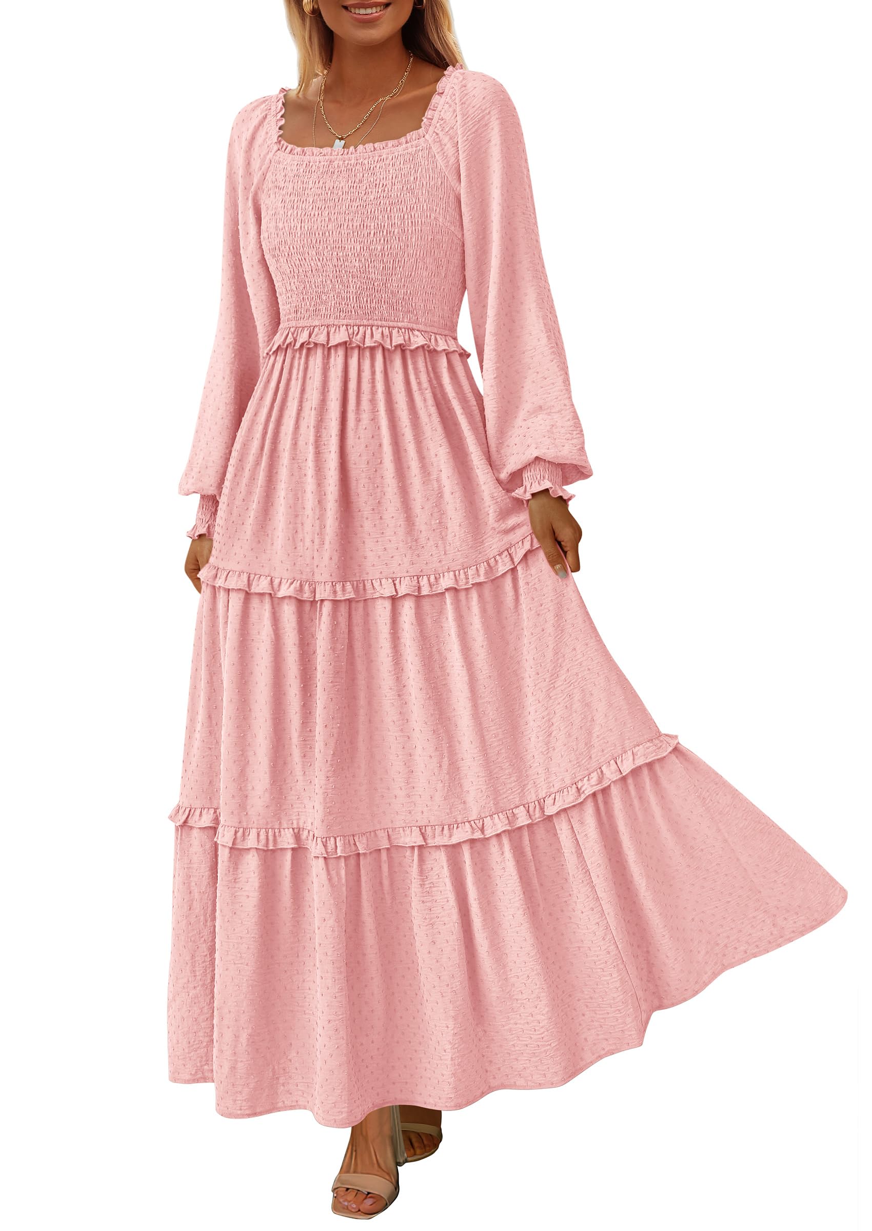 Women's Smocked Long Sleeve Maxi Dress Wedding Guest Dresses
