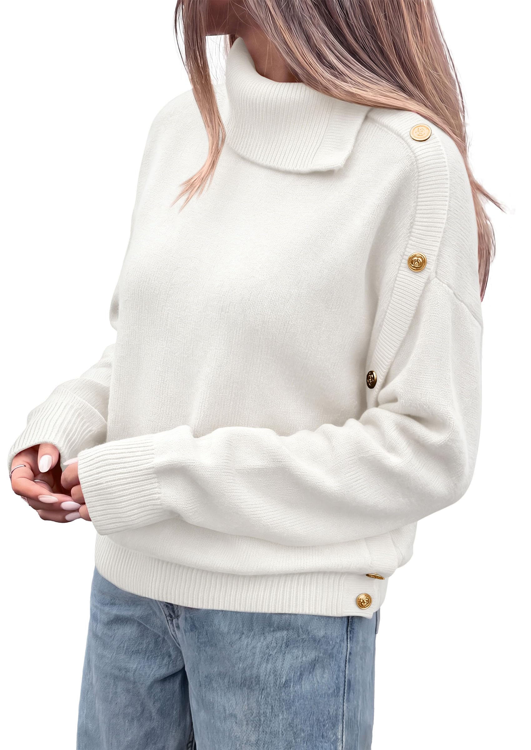 Womens Turtleneck Sweater Pullover Side Button Fall Clothes