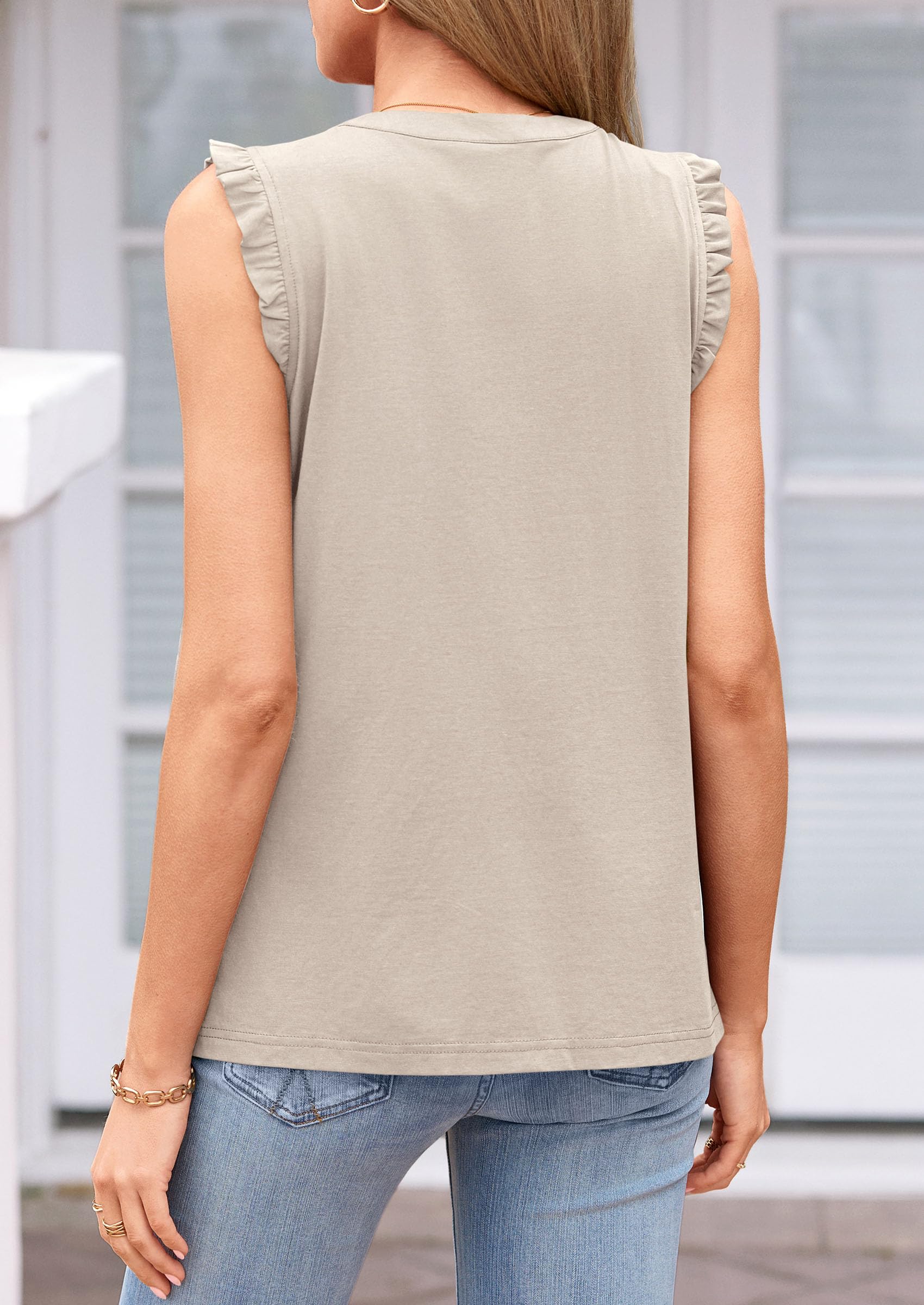 Women's V Neck Sleeveless Blouses Summer Tops,Beige,S