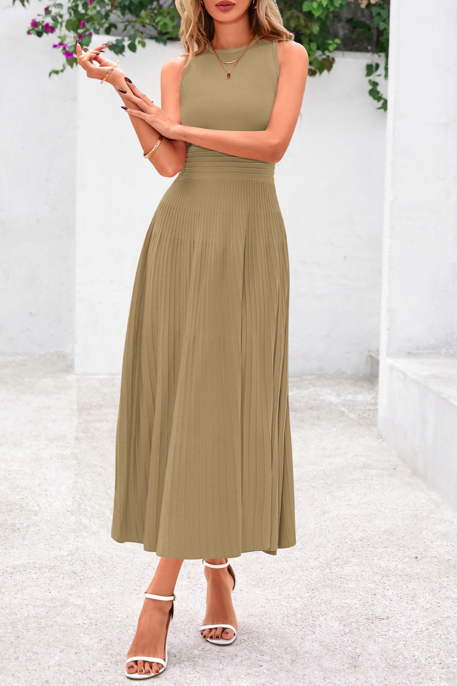 Women's Summer Pleated Midi Work Dress,Camel,S