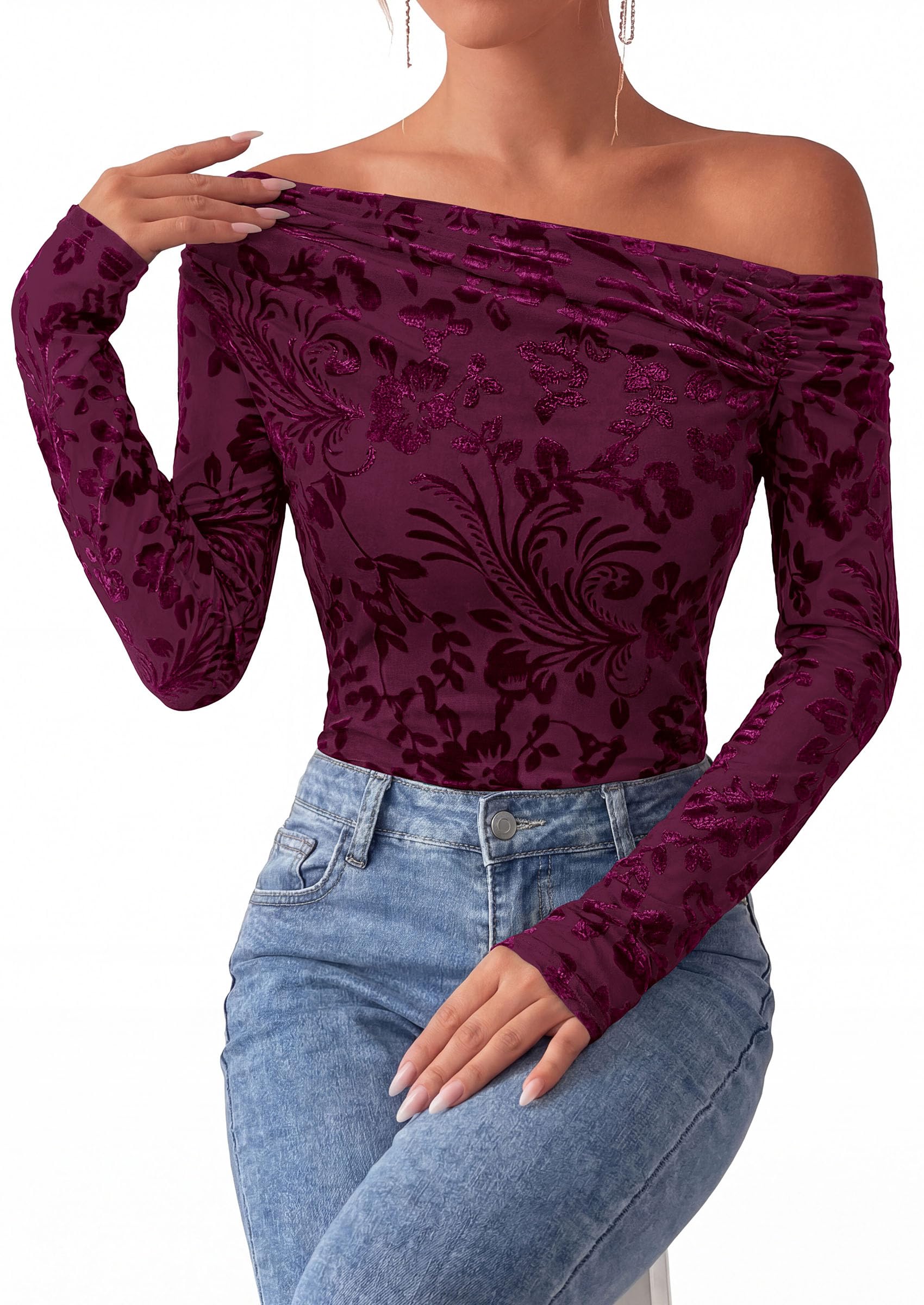Off the Shoulder Tops for Women Fall Mesh Floral Blouses