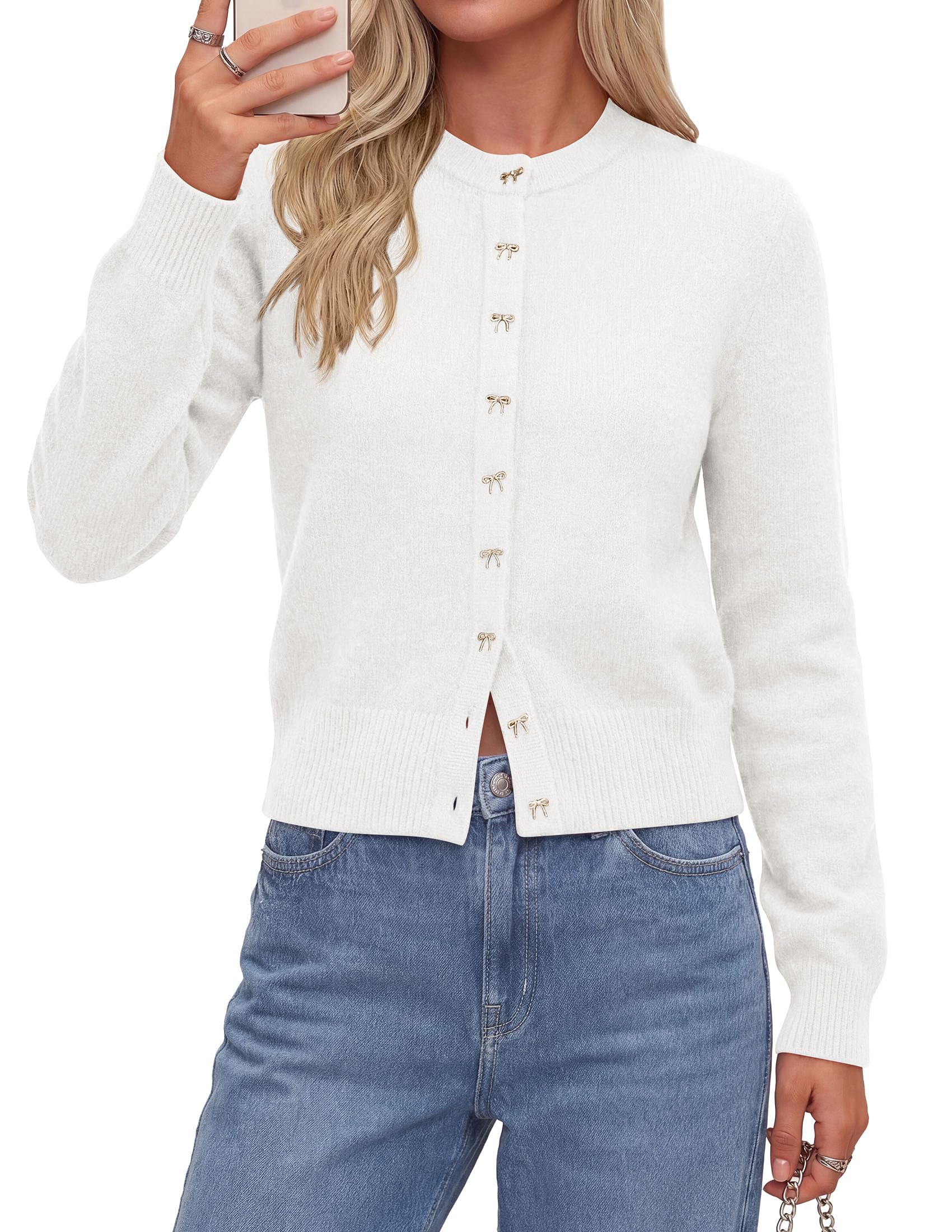 Cardigan Sweaters for Women Cropped Bow Button Up Cardigan