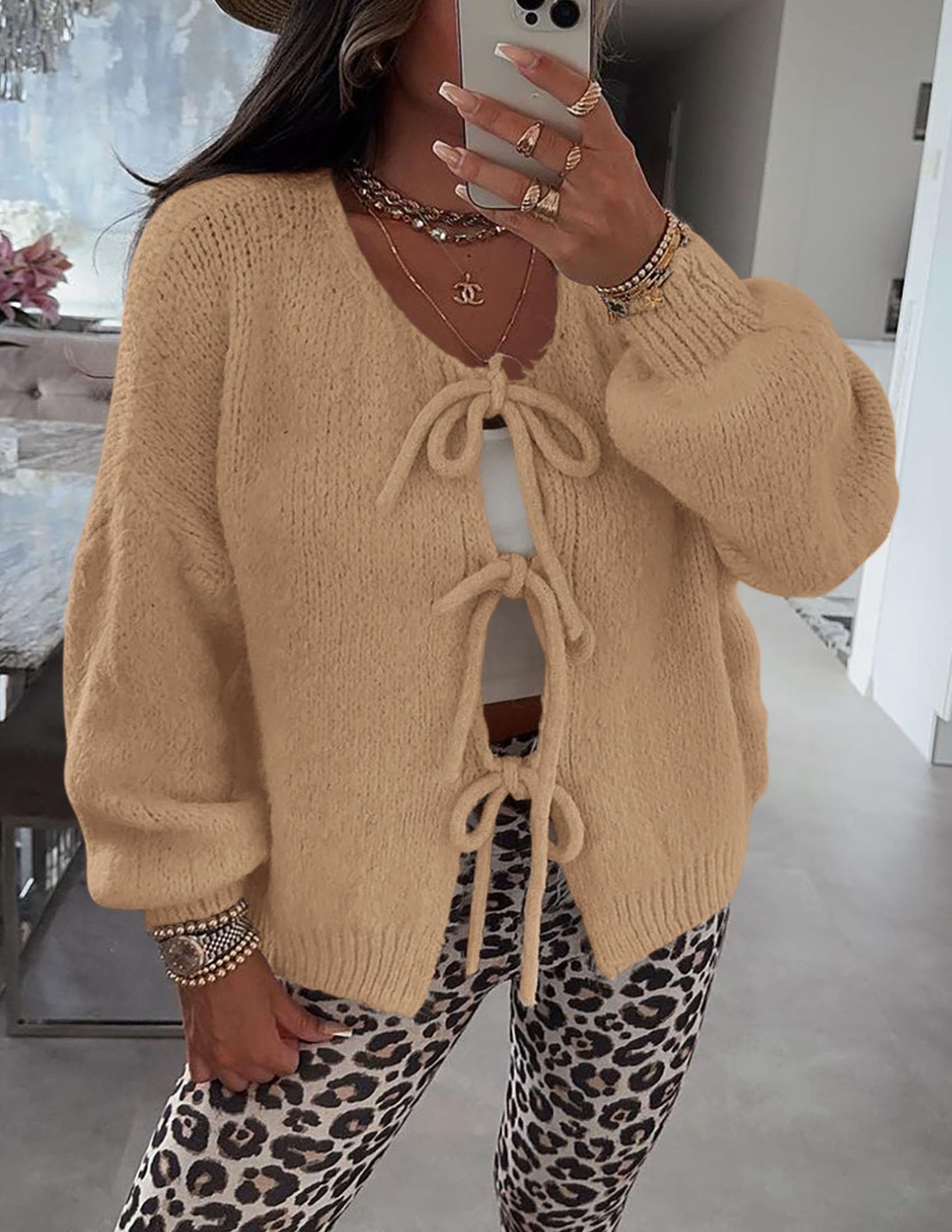 Women's Tie Front Bow Cardigan Sweaters(Camel,Small)